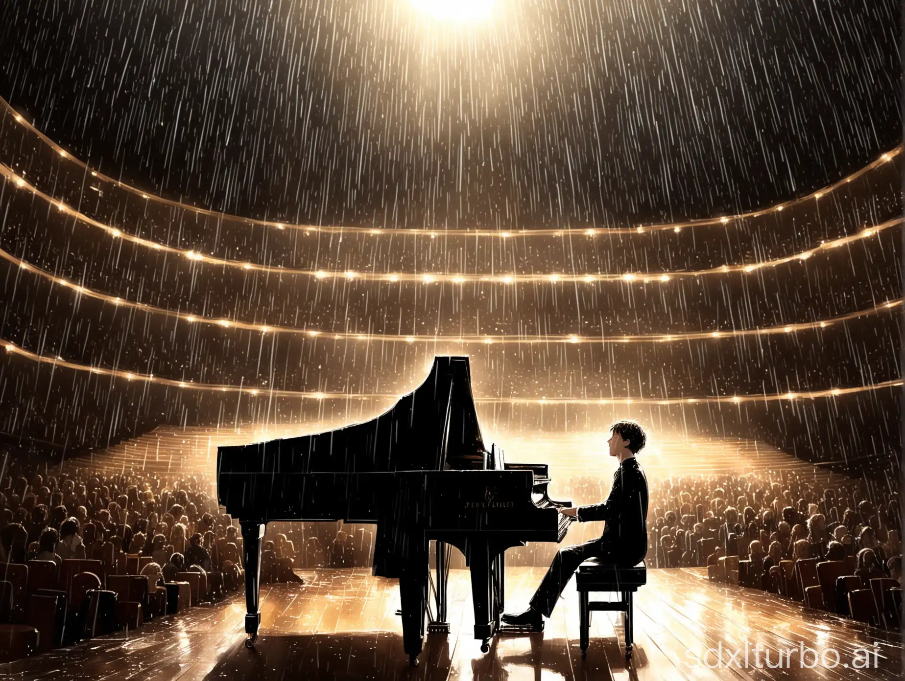 When the pianist pressed the last key of the song, he looked back out of the concert hall, where the rain had already passed, and the sun was shining on the faces of the audience, making the tears in their eyes