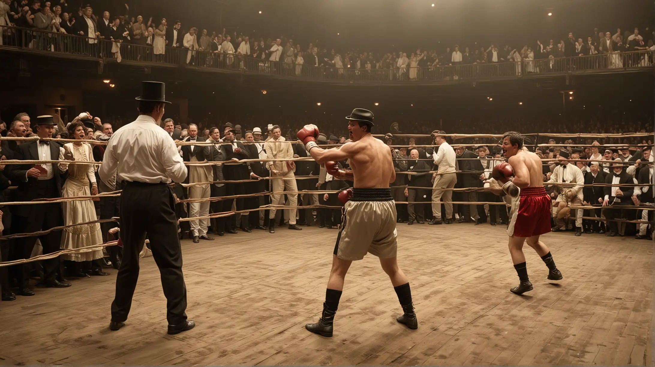 Visualize a bustling Victorian-era boxing arena. Create an image capturing the energy as spectators cheer on their favorite pugilists in the ring. The crowd should be diverse, with men in top hats and women in elegant dresses. The boxers should be mid-fight, with one landing a powerful punch while the other dodges, sweat flying from their brows.