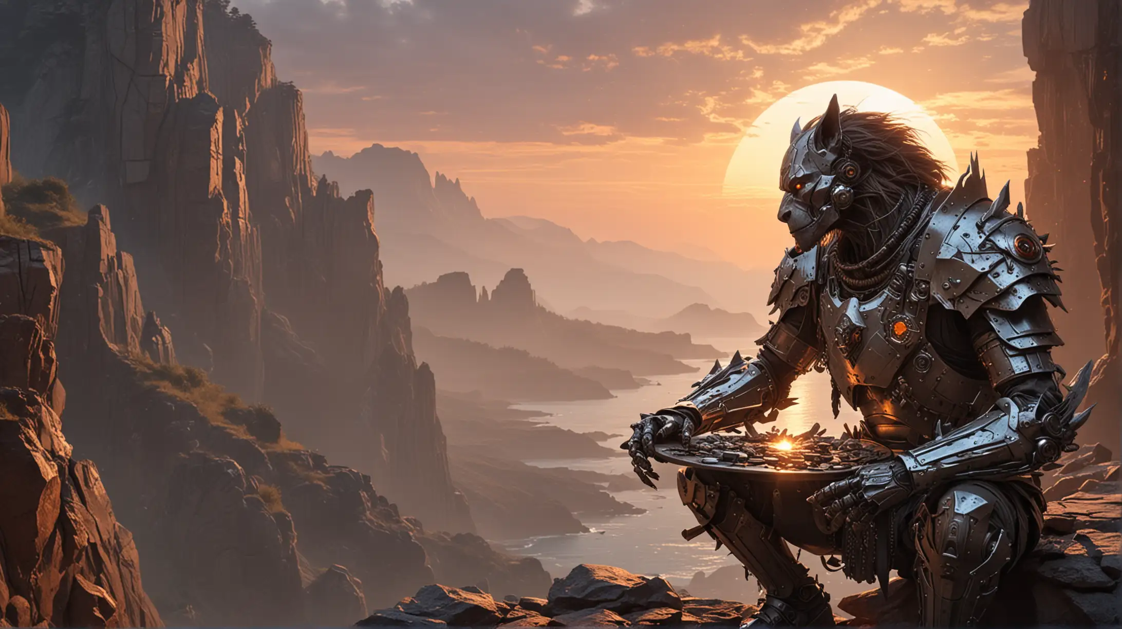 Cyborg Werewolf in Ancient Plate Armor Observing Sunrise on Cliff Edge
