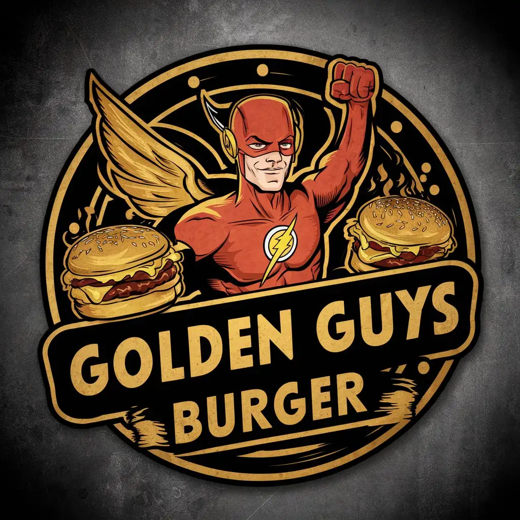 Create a logo for a burger shop named "Golden Guys Burger". Its a restaurant and delivery burger. The logo must have guy wearing a helmet with wings with shirt, like the old character from "The Flash", the style must be in a 20s enamel sign