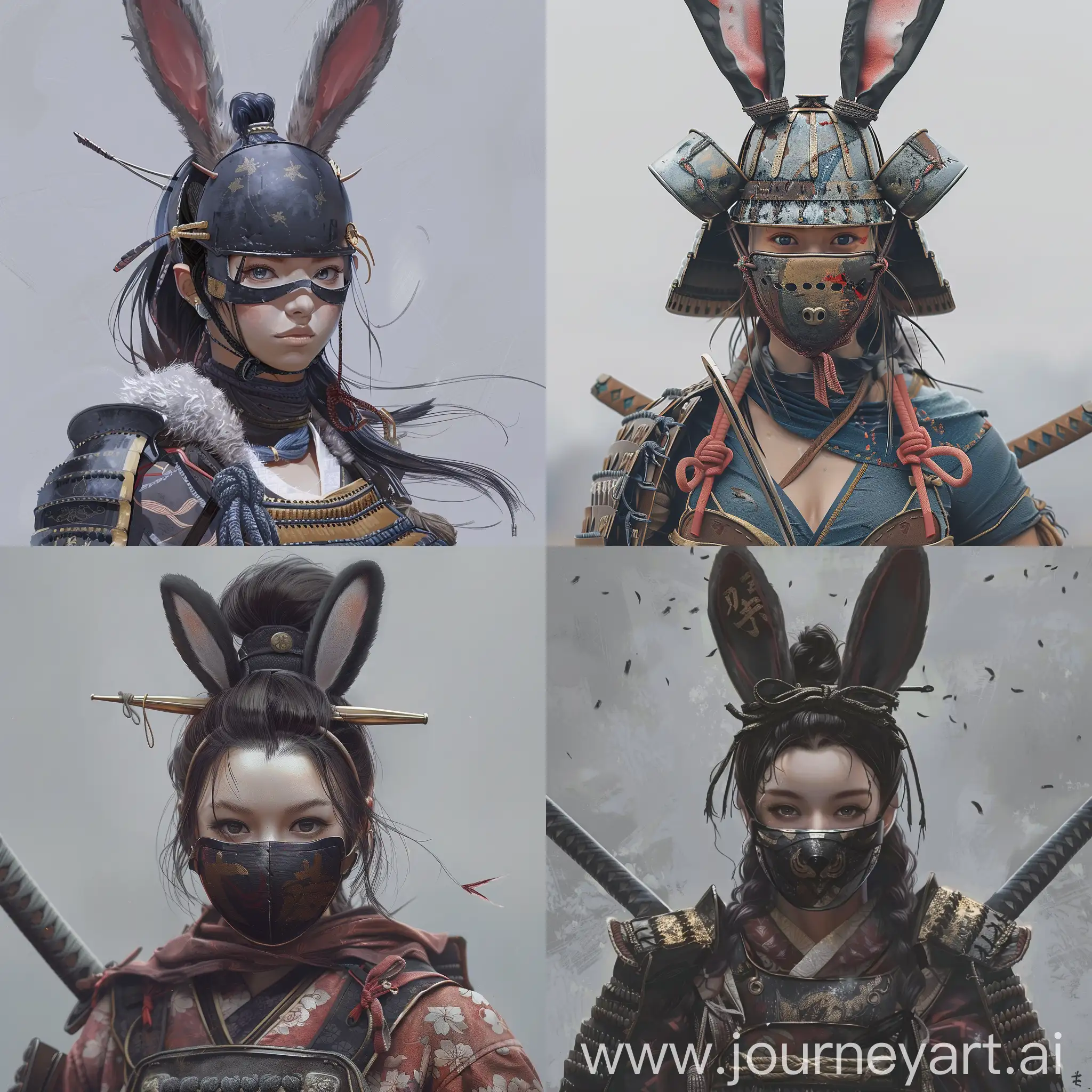 fantasy female samurai character art with bunny ears attached to a mask