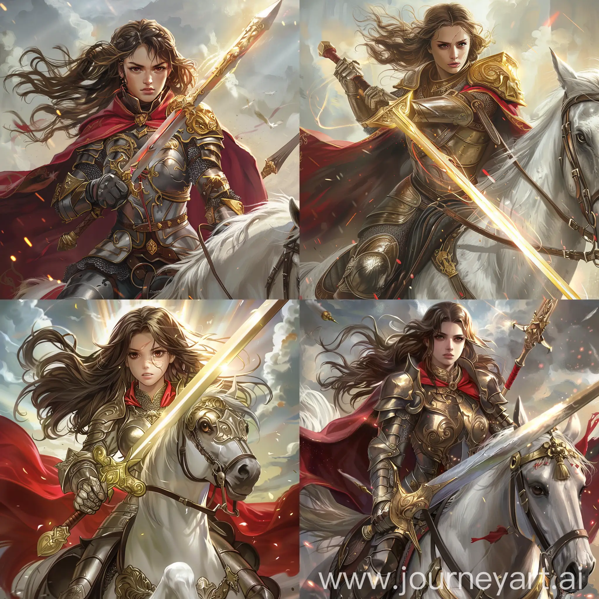 A girl of European appearance with long brown hair, brown eyes that look cold, in armor with a red cloak, riding a white horse, holding a two-handed golden sword that shines