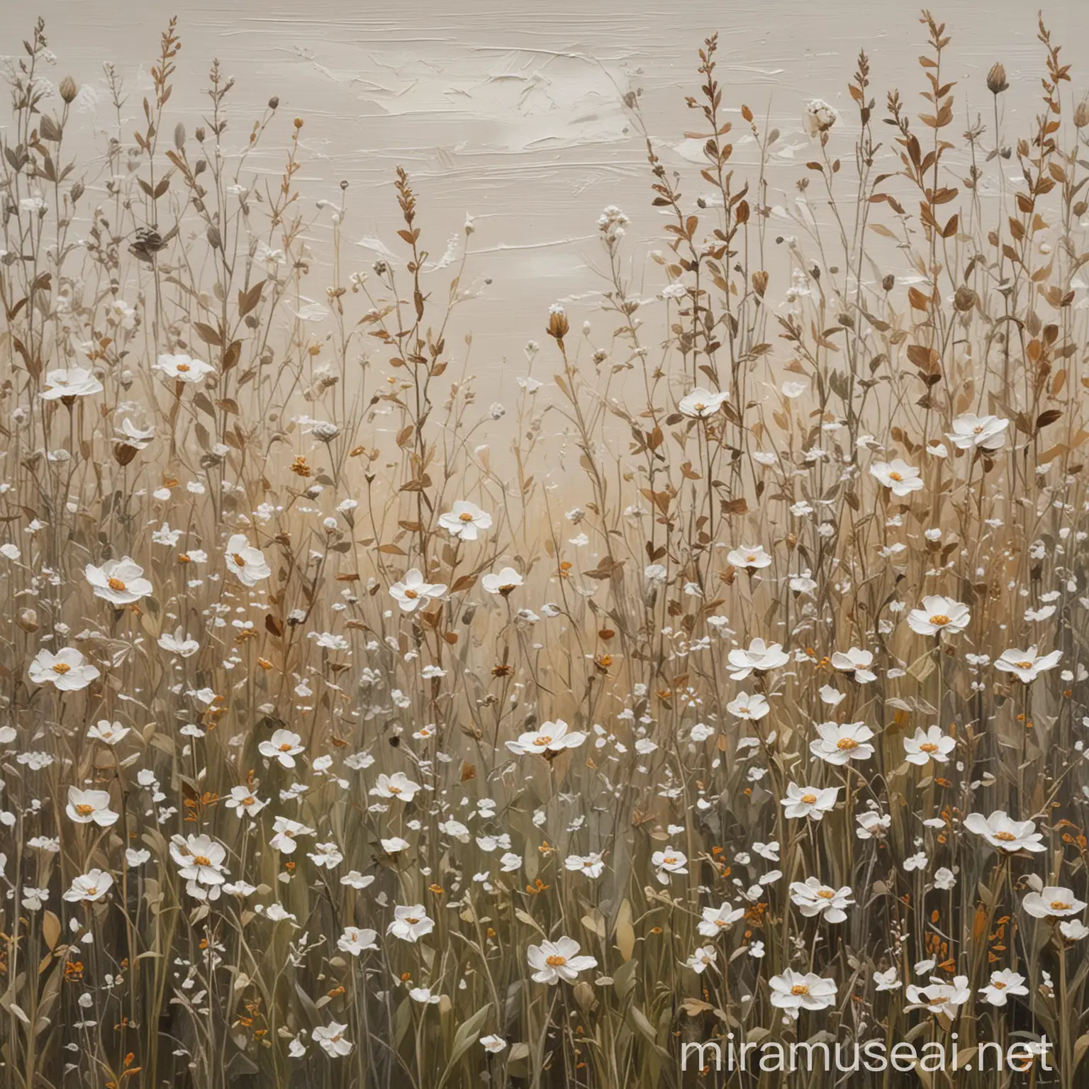 linen canvas texture oil painting, incredibly intricate, textured and detailed very abstract neutral wildflower meadow with delicate overgrown shrubs and wildflower bushes, using only muted shades of beige, grey, brown, white, enormous texture, grain, blotting, smears and imperfections in paint, shrubs/wildflowers primary focus,
