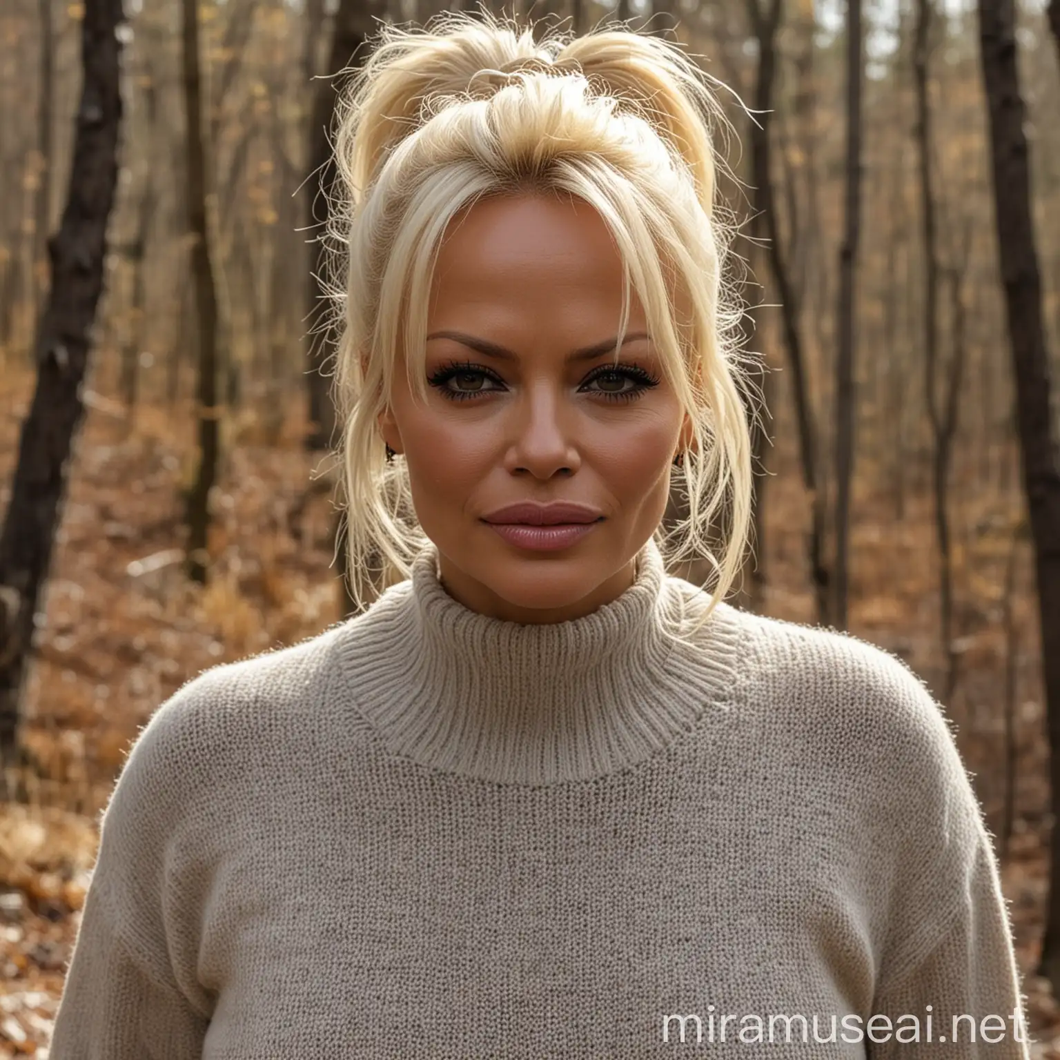 Pamela Anderson hiking in the woods, wearing a sweater, heavy dark mascara, hair in a high ponytail, zoomed in from the waist up