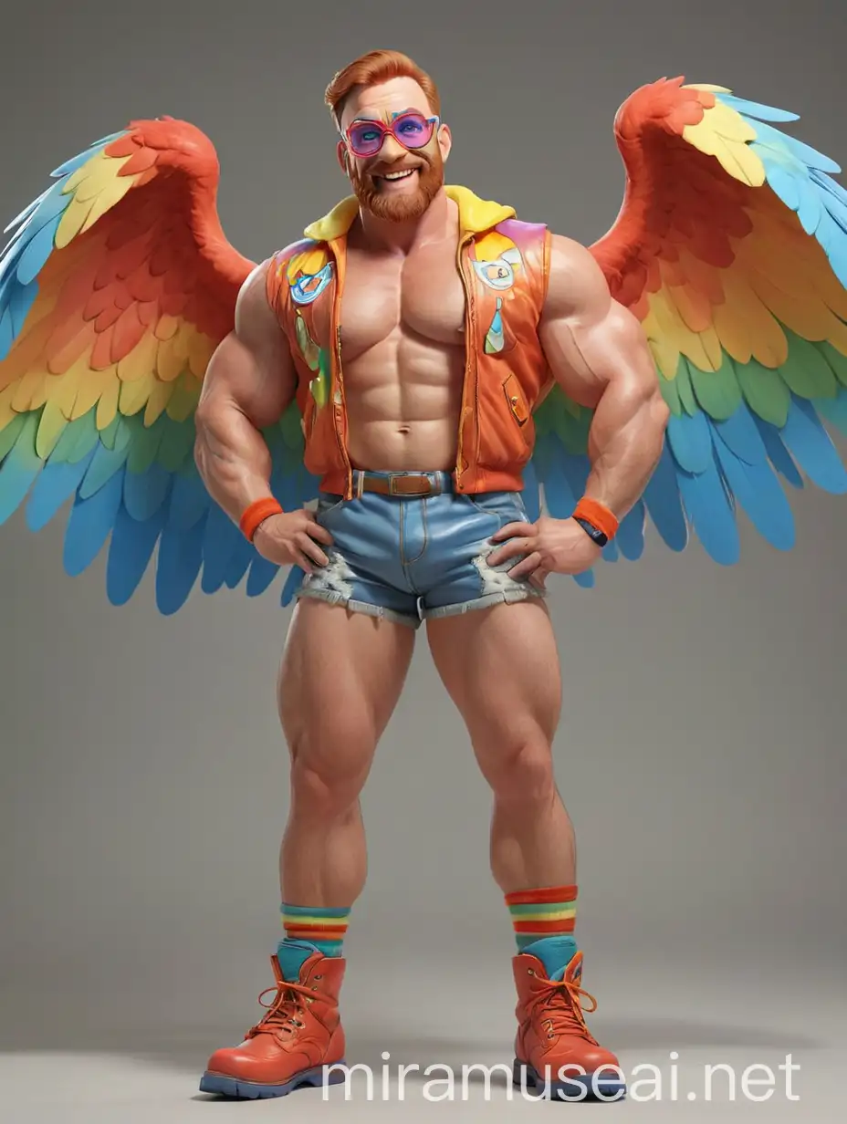 Ultra Beefy Red Head Bodybuilder Flexing with Rainbow Eagle Wings Jacket