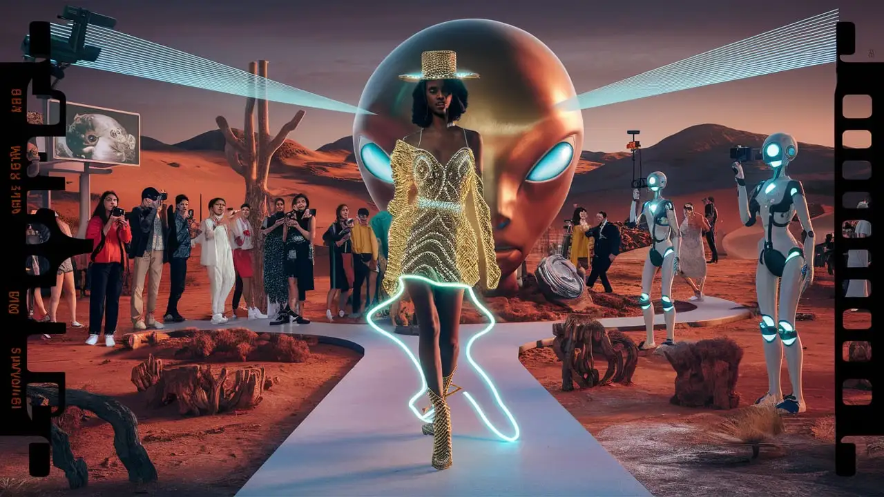 Fashion Model in Glowing Neon Dress and Alien Landscape