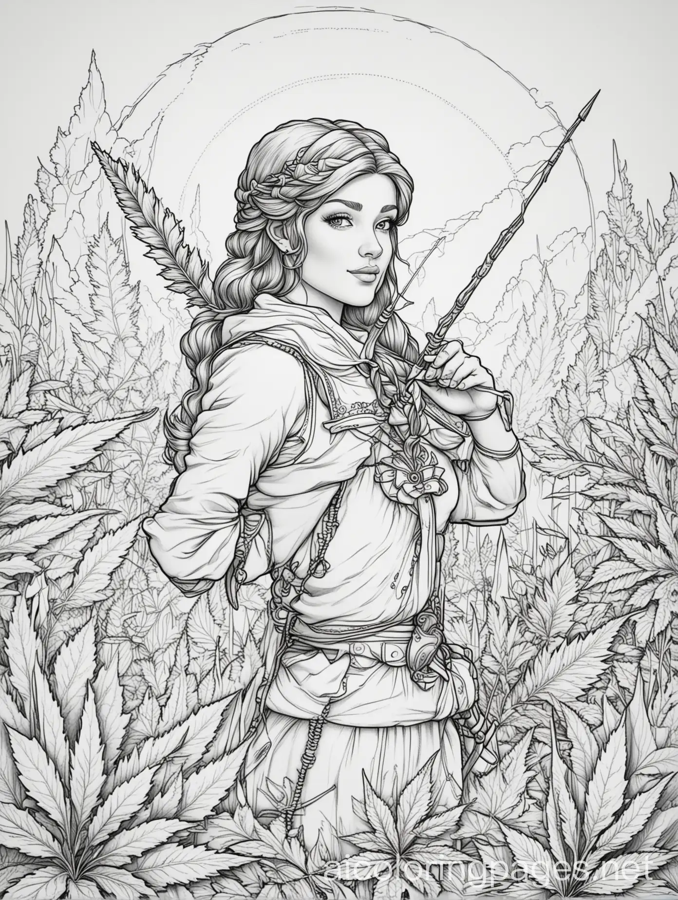 Archer cannabis fantasy, Coloring Page, black and white, line art, white background, Simplicity, Ample White Space. The background of the coloring page is plain white to make it easy for young children to color within the lines. The outlines of all the subjects are easy to distinguish, making it simple for kids to color without too much difficulty