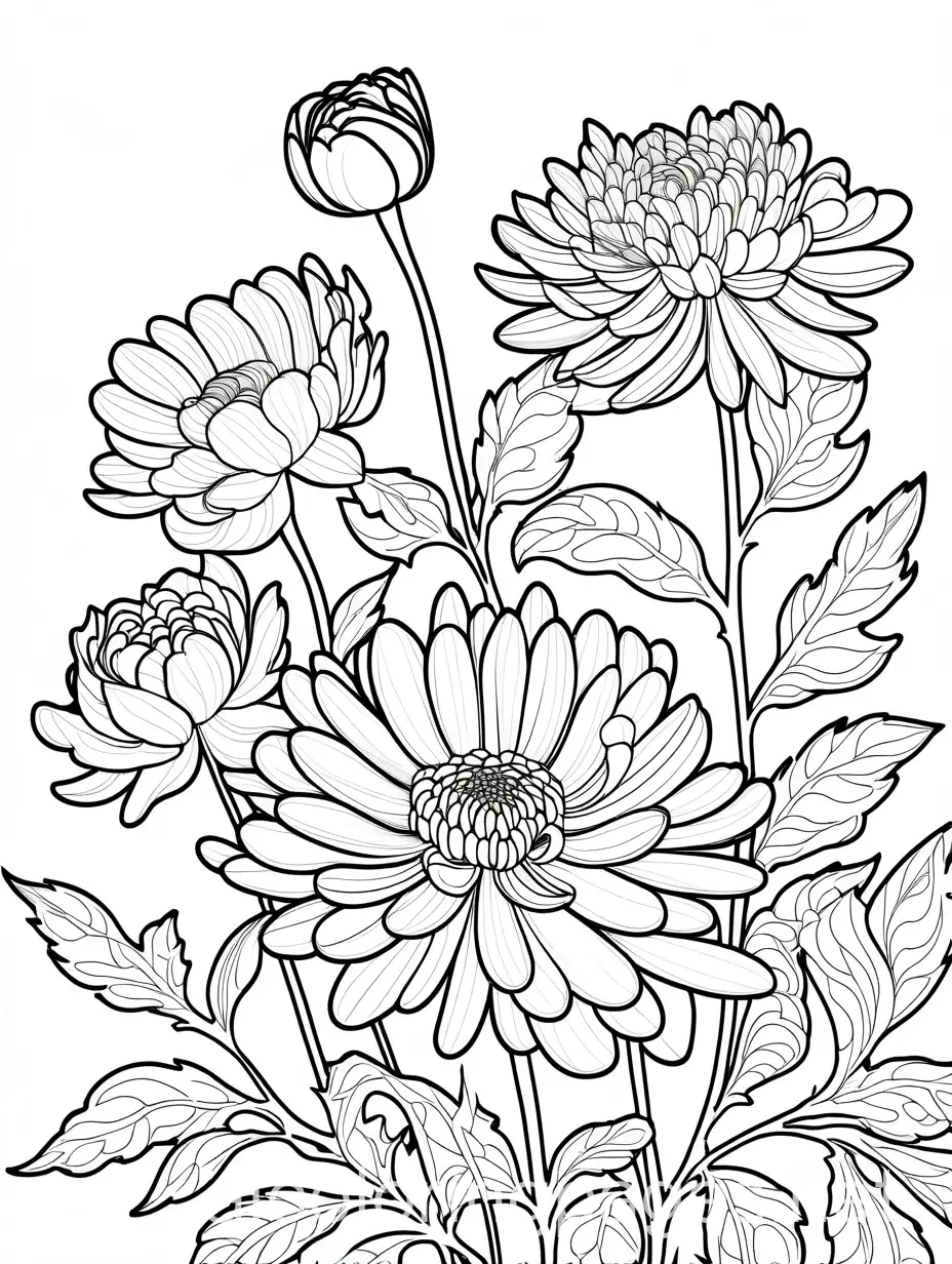 Coloring-Chrysanthemum-Roses-Black-and-White-Line-Art-on-White-Background