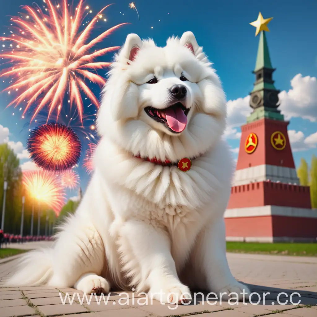 Fluffy-Samoyed-Dog-Sitting-Congratulates-on-Victory-Day-Salute