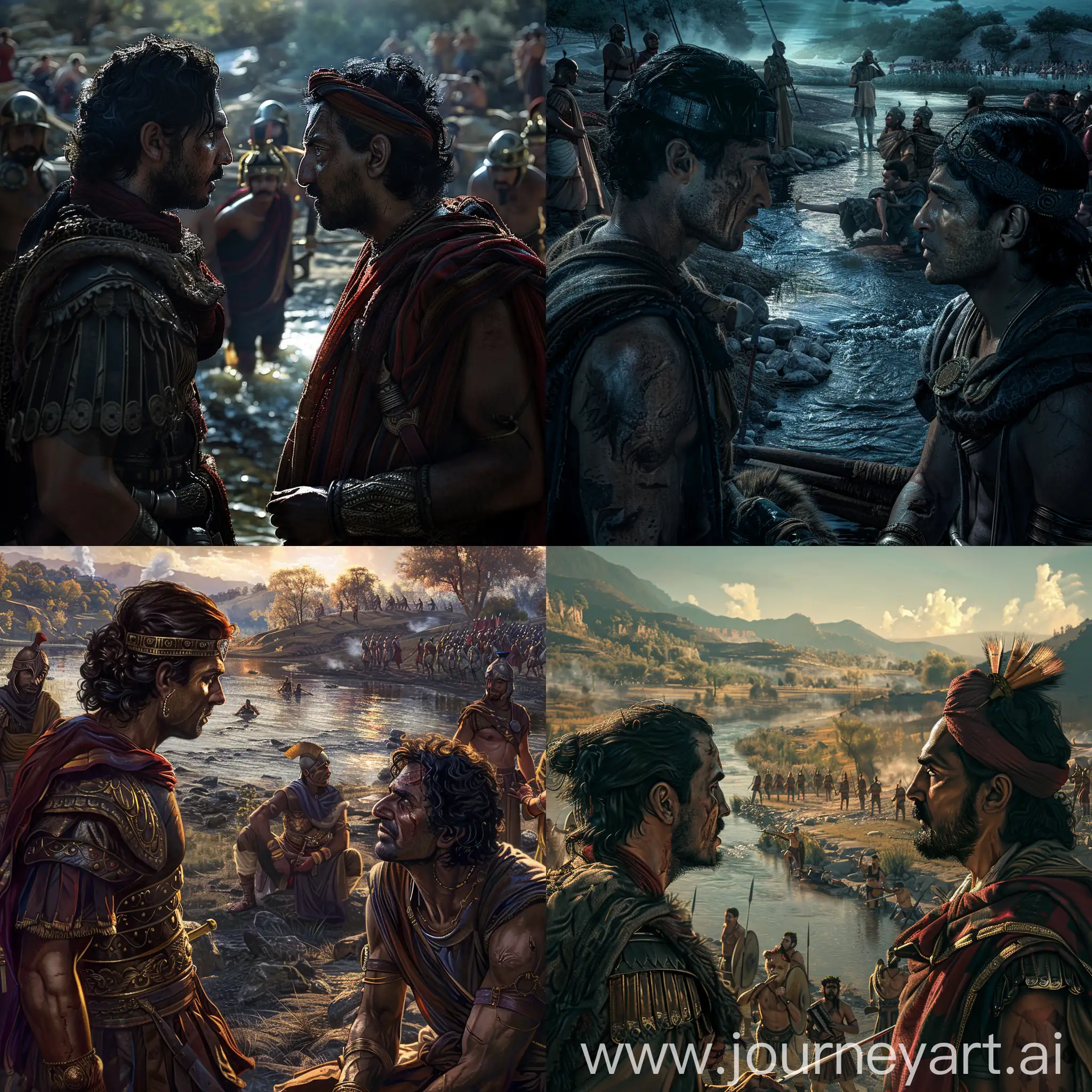 After a battle at Hydaspes near a river, Alexander the Great and Ancient Indian King Porus looking at eachother face to face, the Indian king is seem tired, Alexander the Great seem bold and brave, ancient macedon soldiers around, cinematic lighting