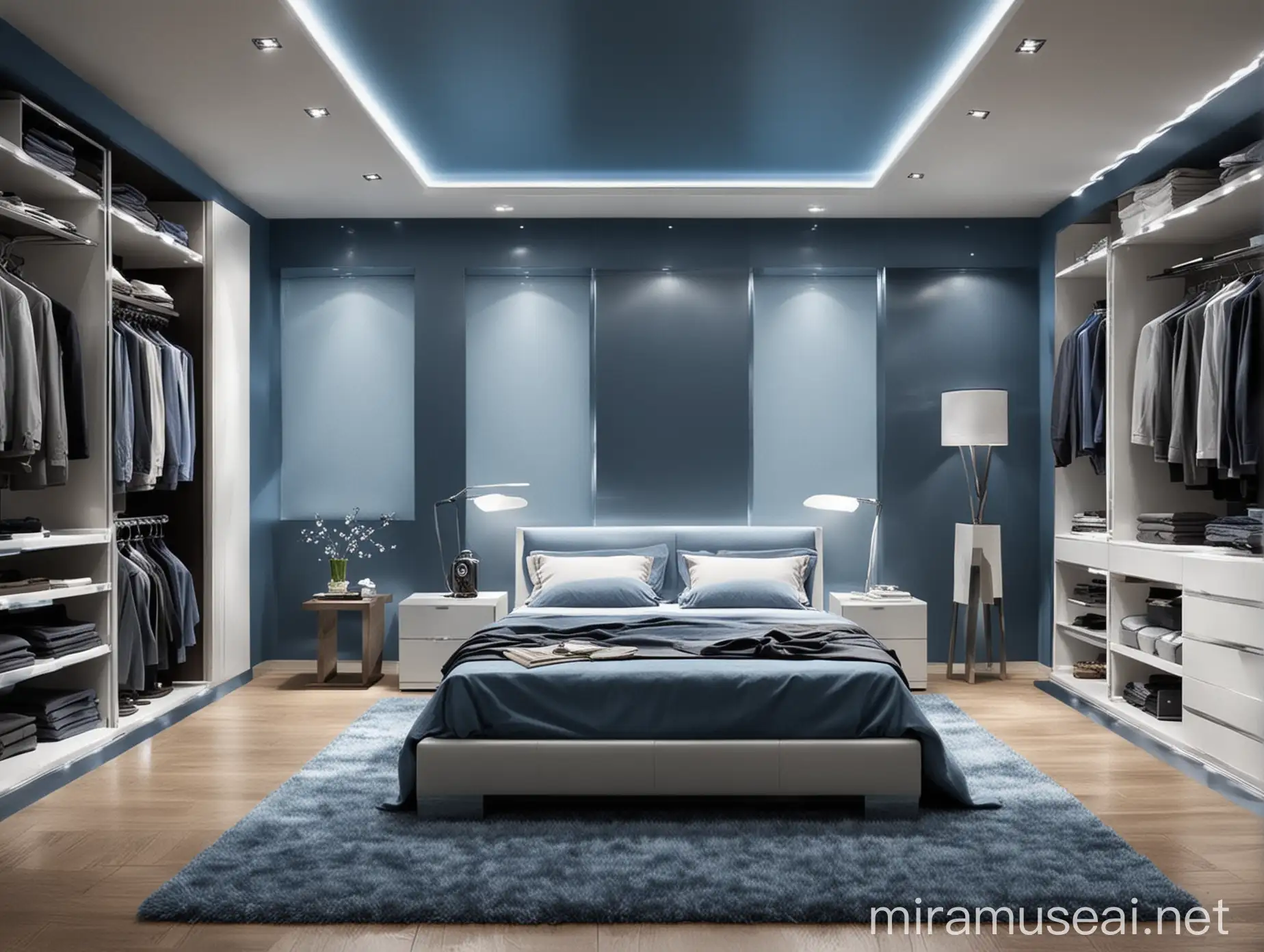 Generate an elegant middle-aged man room. It should include many man stuff like clothes and modern furnitures. The room should has futuristic environment and blue and white.