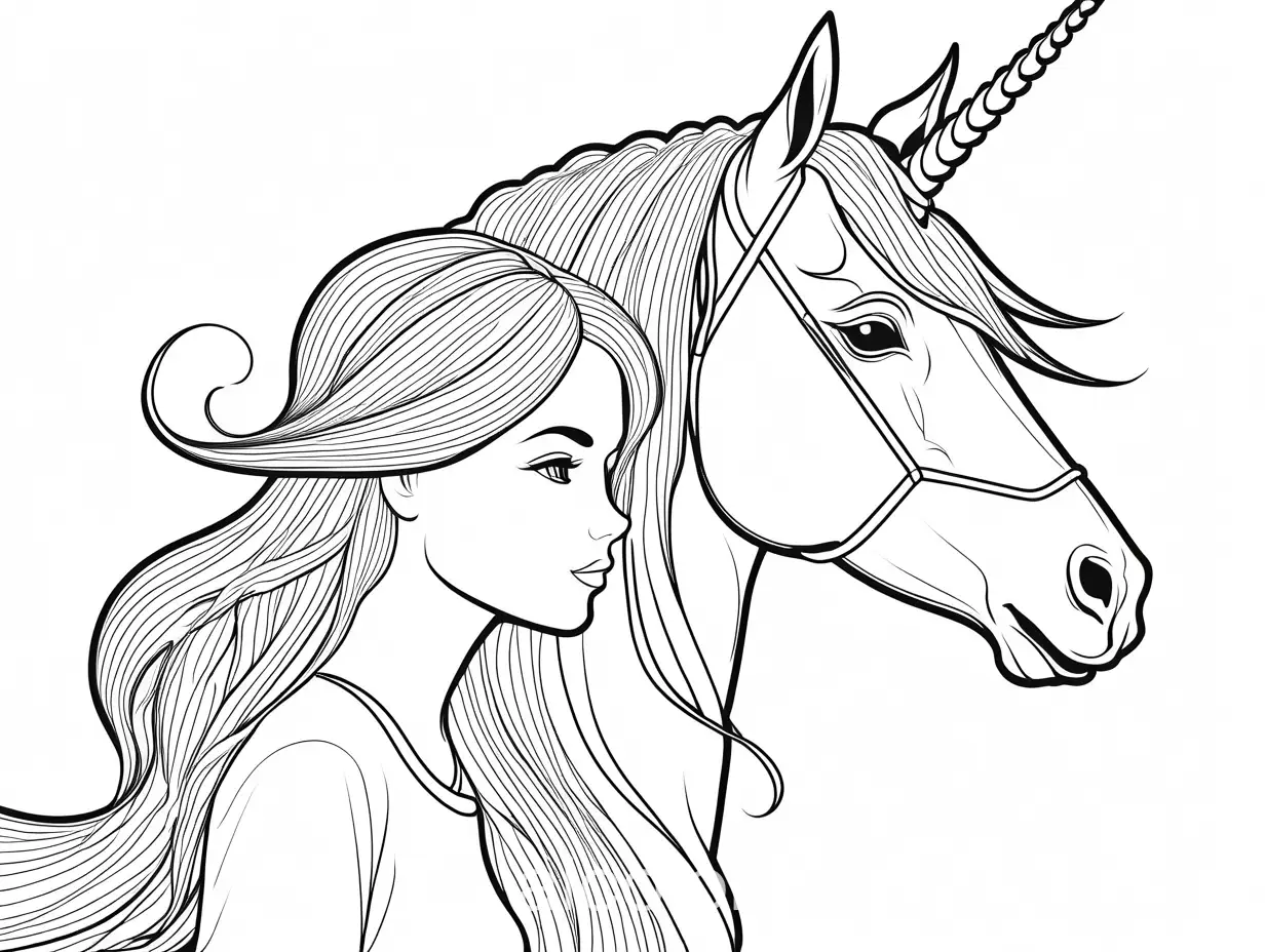 a unicorn with a girl on the side, Coloring Page, black and white, line art, white background, Simplicity, Ample White Space. The background of the coloring page is plain white to make it easy for young children to color within the lines. The outlines of all the subjects are easy to distinguish, making it simple for kids to color without too much difficulty