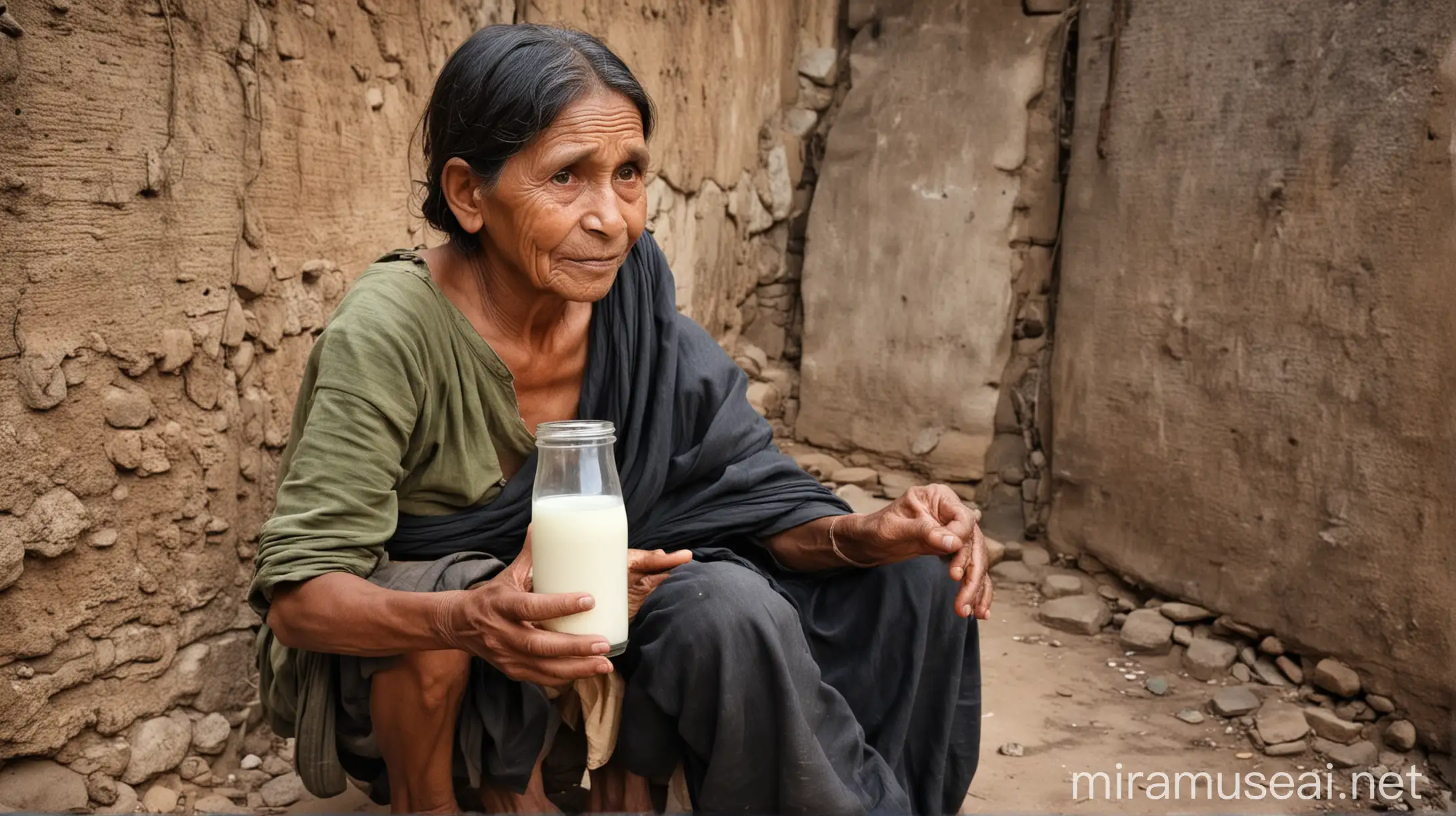 Old Village Woman Giving Glass of Milk to Poor Boy