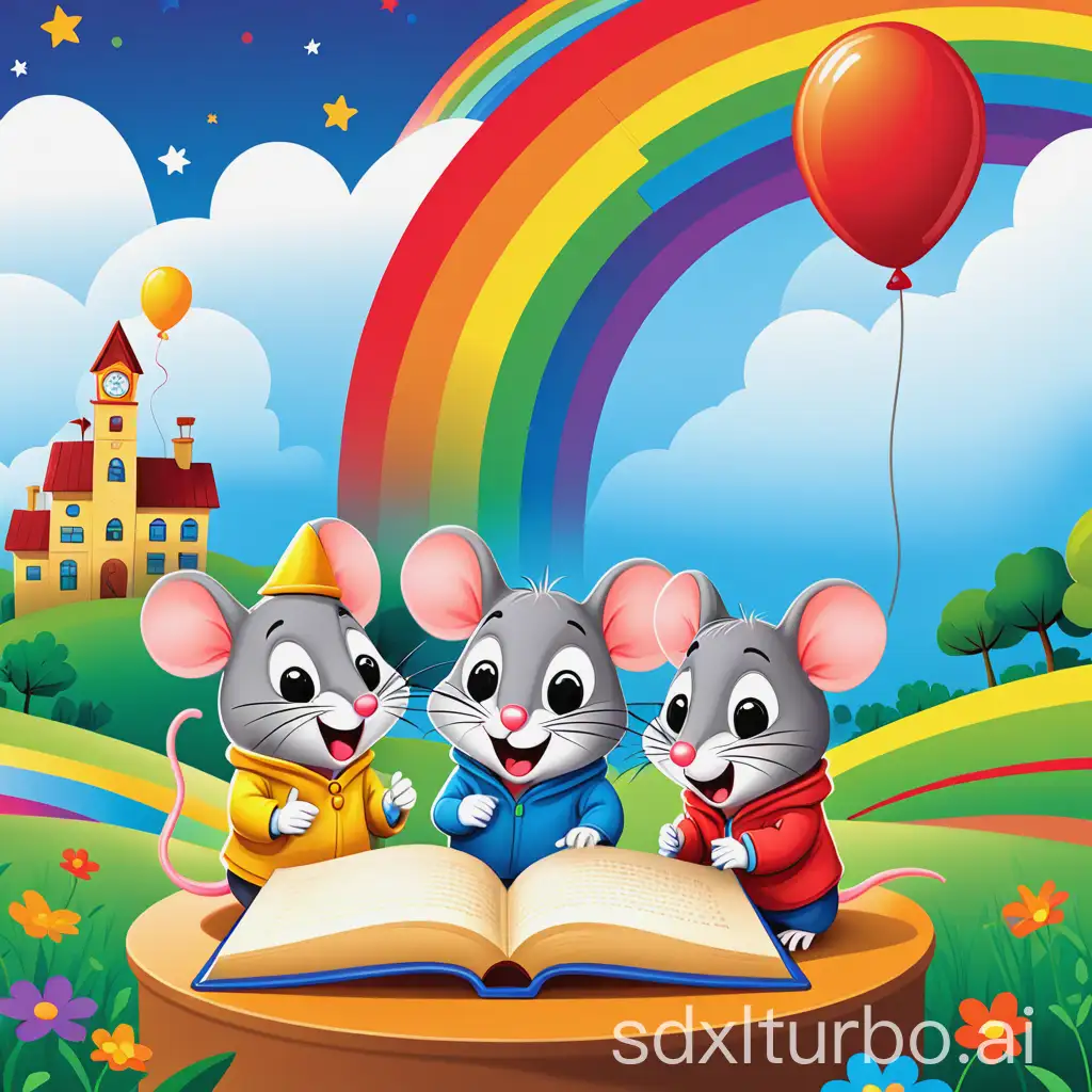 Design a colorful and playful cover for a children's storytime channel hosted by [曦光日记]. The background should feature a bright, cheerful landscape with elements like rainbows, blue sky, and green fields. Include cartoon illustrations of a city mouse and a country mouse as the main characters, both wearing cute outfits. Use a large, fun font to write "Kids Story Time" at the top, with "with [曦光日记]" underneath in a smaller, friendly font. Add some decorative elements like stars, balloons, and books around the edges to make it visually appealing. Ensure the colors are vibrant and the overall feel is inviting and warm.