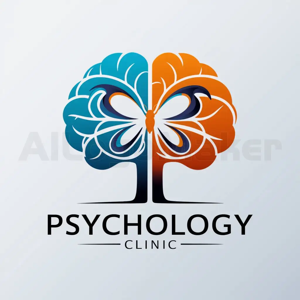 a logo design,with the text "PSYCLINIC SPBU", main symbol:on a white background tree one half azure and the second orange similar to brain. In the middle leaves intertwine in the form of butterflies with reverse colors,Moderate,be used in Psychology industry,clear background