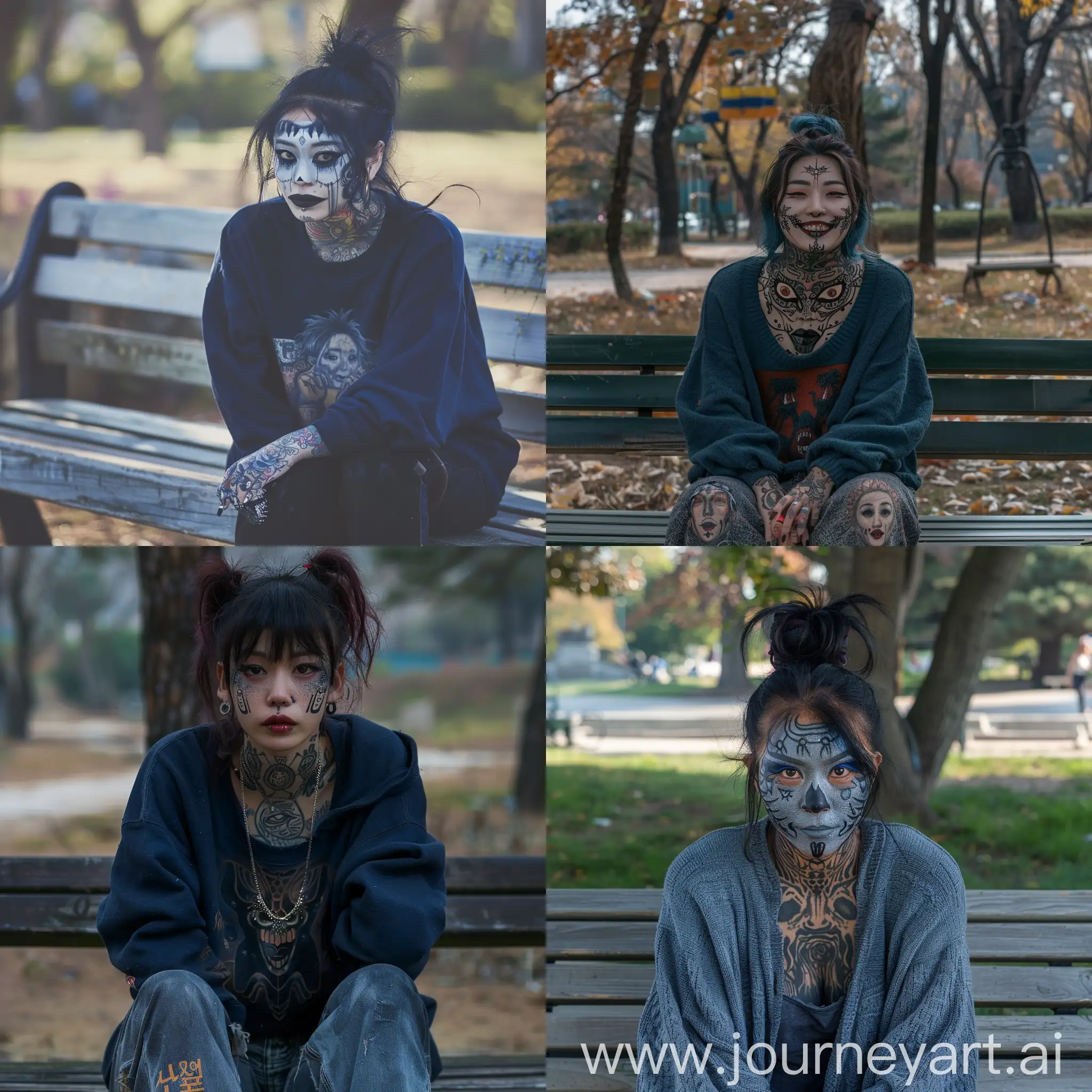 korean woman, punk, heavily tattooed, juggalette facetattoo, tattooed monobrow, juggalette facetattoo, symmetric mask-like tattoo, homemade crooked tattoos, blurry faded tattoos, dark gray tattooed lips, punk goth, wearing dirty blue sweater, disheveled unkempt hair, sitting on park bench, tired smile, looking at viewer, photo photorealistic