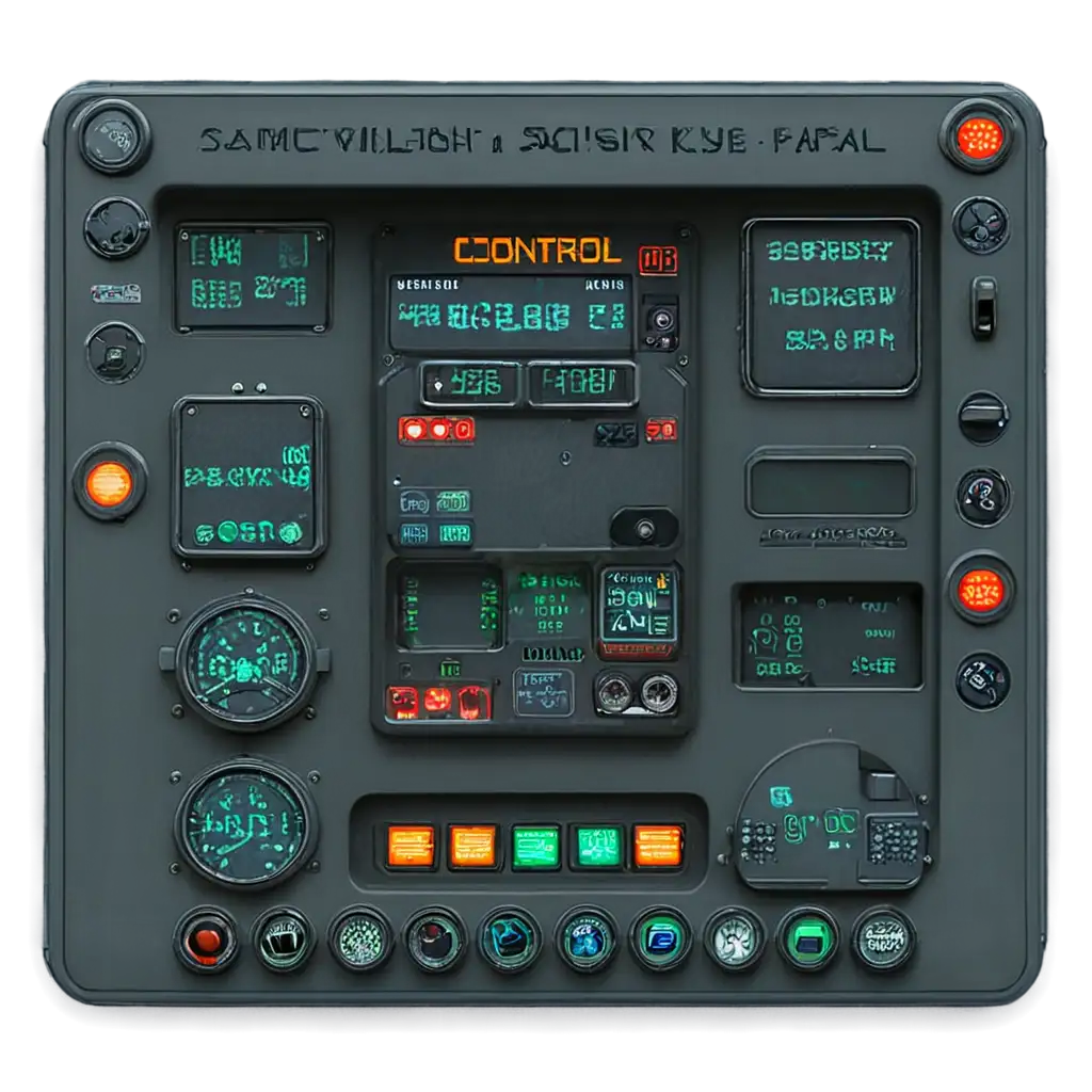 Create a detailed image of a futuristic sci-fi control panel. The panel should be equipped with numerous indicators, buttons, and screens. The indicators should be of various colors, showing different statuses.