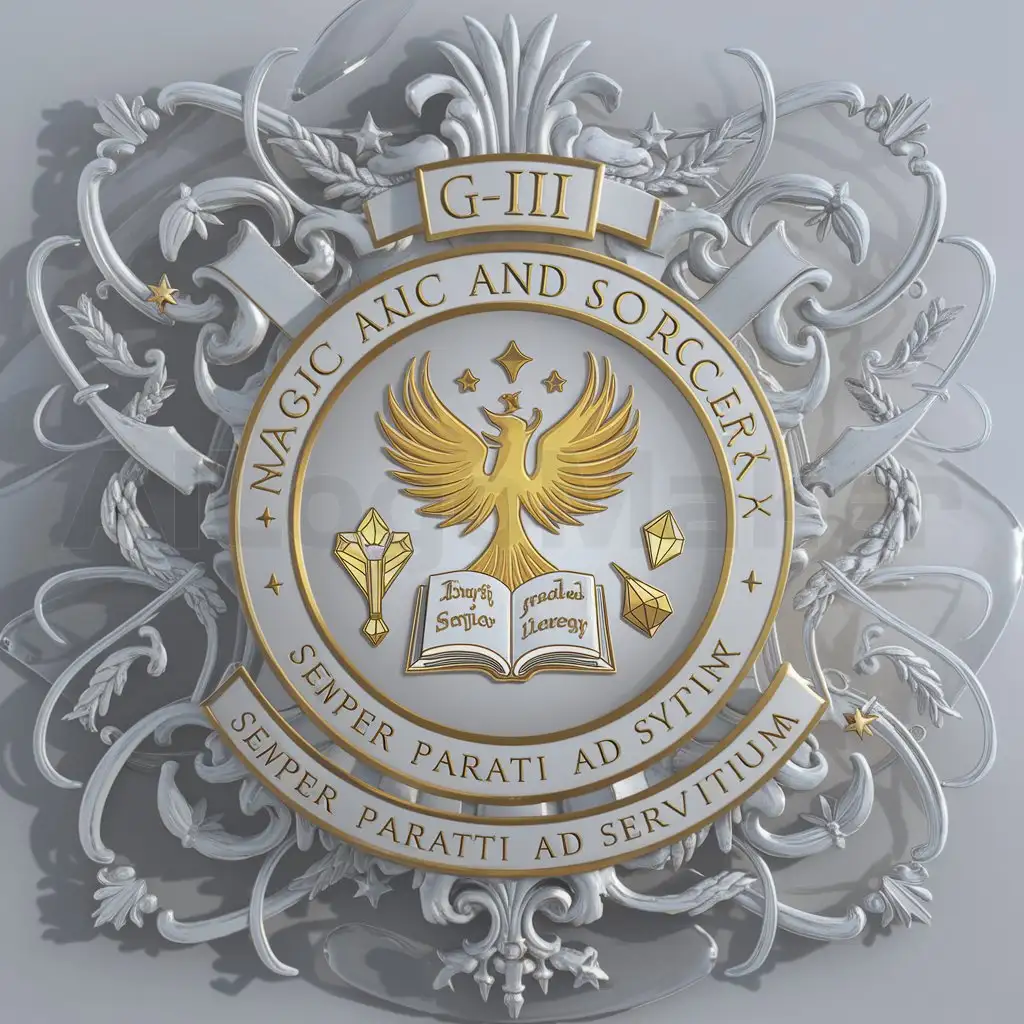 a logo design,with the text "includes the words 'G-III', 'magic and sorcery' and 'semper parati ad servitium'", main symbol:I would like to design a seal for a magic and sorcery academy with a classic and fantastic style, a bit baroque,complex,clear background