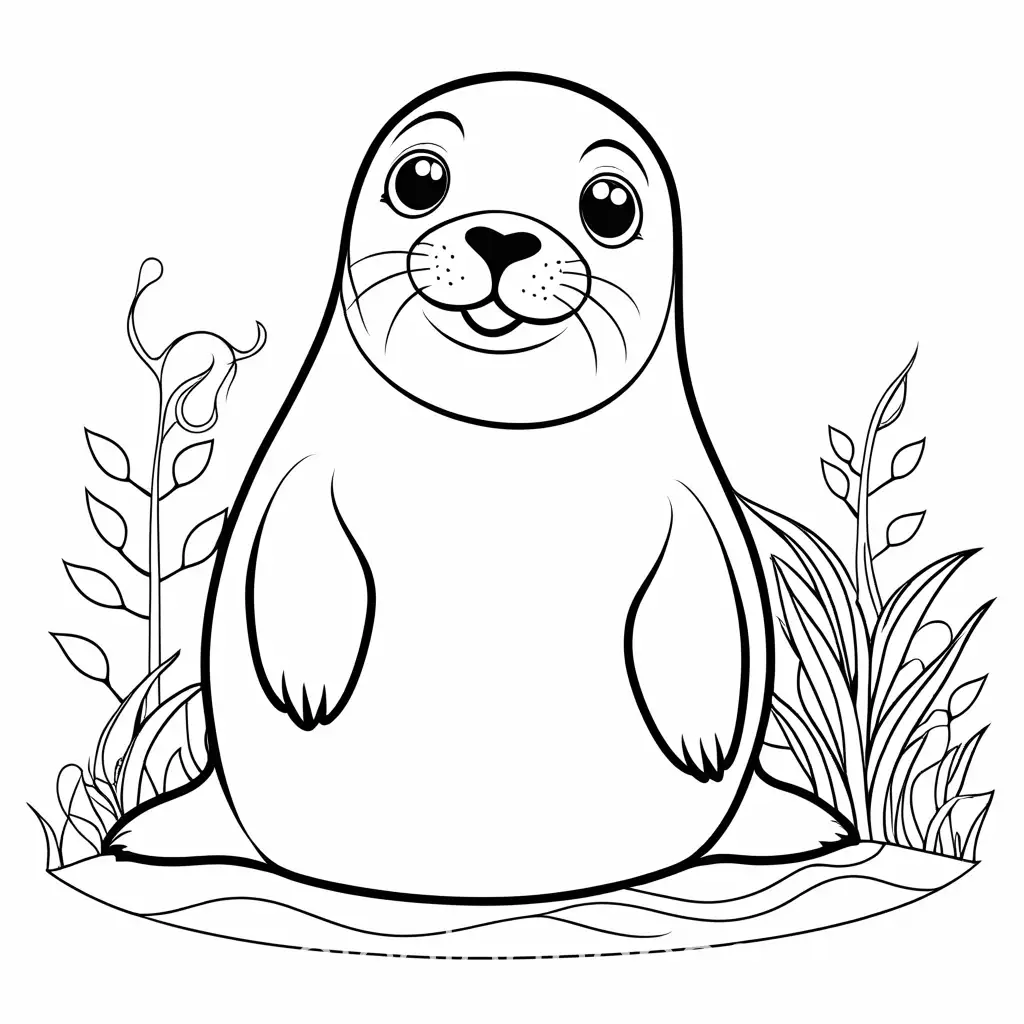 Coloring Page for kids, full of scales, illustration of a playful seal, black and white, line art, white background, Simplicity, Ample White Space. The background of the coloring page is plain white to make it easy for young children to color within the lines, simple vector art. The outlines of all the subjects are easy to distinguish, making it simple for kids to color without difficulty, Coloring Page, black and white, line art, white background, Simplicity, Ample White Space. The background of the coloring page is plain white to make it easy for young children to color within the lines. The outlines of all the subjects are easy to distinguish, making it simple for kids to color without too much difficulty