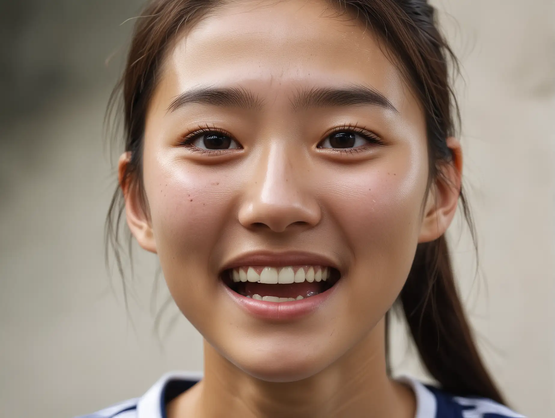 Close up natural face without make-up of a beautiful skinny soccer girl from Korea overwhelmed with joy, celebrating a glorious goal.