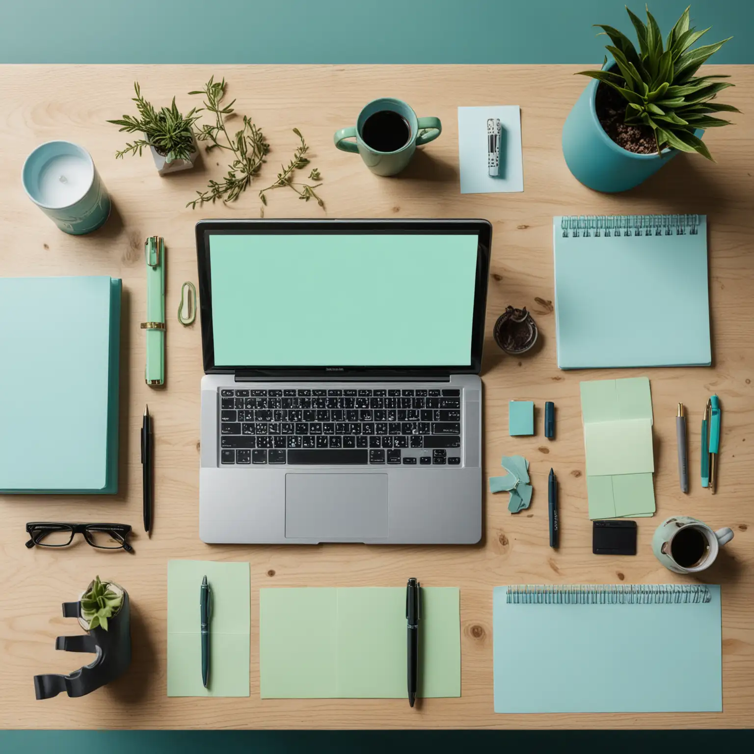Neat Workspace Setup with Laptop Notebook Coffee Cup Pens and Sticky Notes in Harmonious Blue and Green Palette