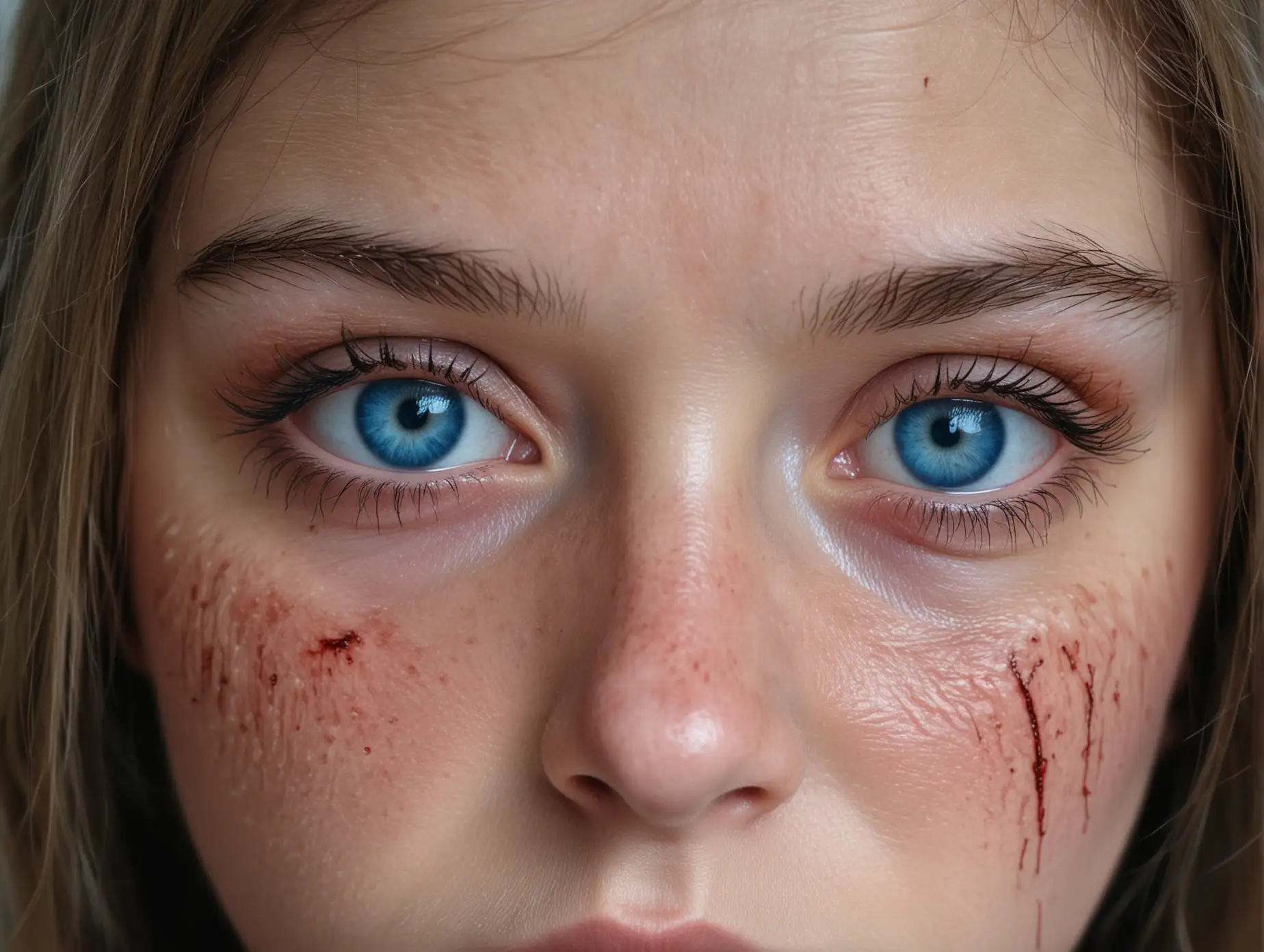 Крупный план, напряженный взгляд голубых глаз девушки, девушка уставшая с подтёками крови на коже 