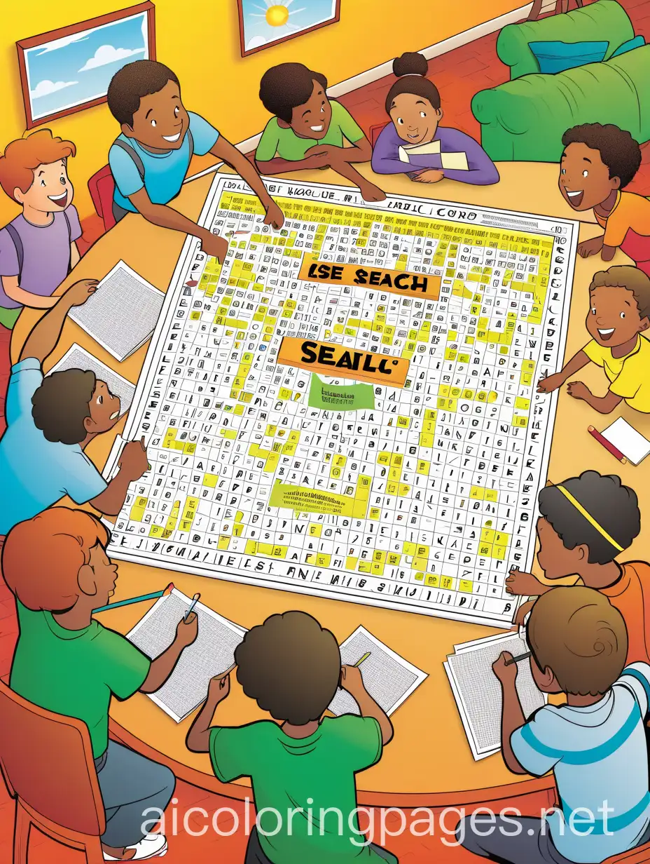 Create an illustration of children excitedly searching for words on a large word search board, holding pencils and sheets of paper. The children are of various ages and ethnicities, dressed in casual and colorful clothes. Some children are standing while others are sitting, all focused and excited as they look for words on the board. The word search board is filled with letters, with some biblical words highlighted or framed to make them visible. Scattered around are pencils, sheets of paper with word searches, and colored markers. The background is a cozy, well-lit room with shelves full of books and decorations related to biblical themes. The focal point is the word search board in the center, with children around it, engaged in finding words. Use warm and vibrant tones to reflect a fun and educational atmosphere, and soft, natural colors for the children's clothes and the background. The style should be realistic and detailed, emphasizing excitement and concentration.