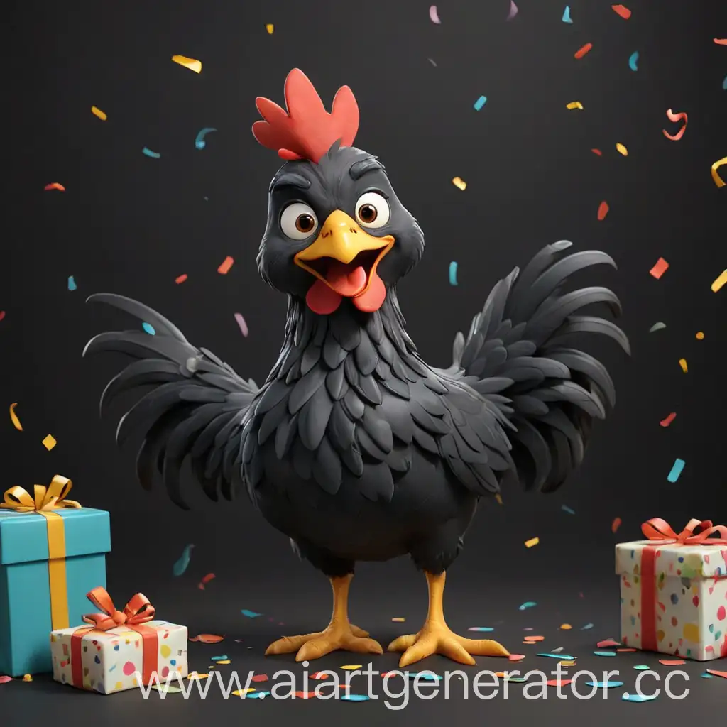 Cartoon-Chicken-Party-Celebration-with-Gift-on-Black-Background