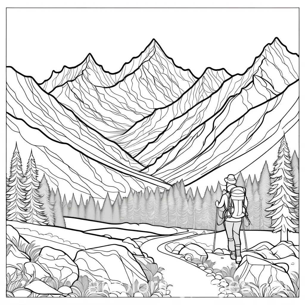 Hiking in the alps, Coloring Page, black and white, line art, white background, Simplicity, Ample White Space. The background of the coloring page is plain white to make it easy for young children to color within the lines. The outlines of all the subjects are easy to distinguish, making it simple for kids to color without too much difficulty