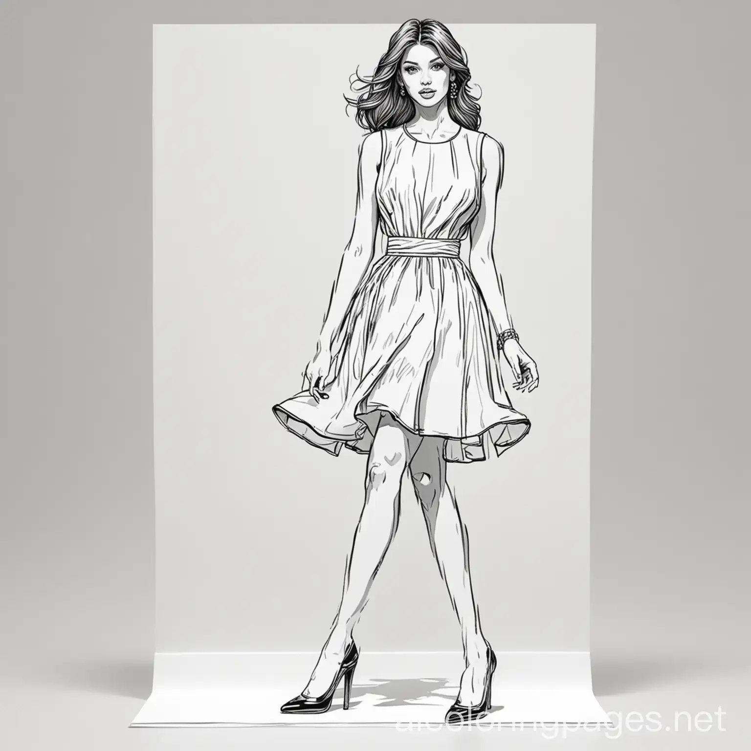 Fashion illustration of model women, fashion dresses, high heels, runway, Coloring Page, black and white, line art, white background, Simplicity, Ample White Space. The background of the coloring page is plain white to make it easy for young children to color within the lines. The outlines of all the subjects are easy to distinguish, making it simple for kids to color without too much difficulty