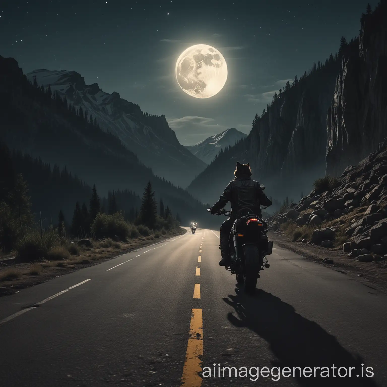 Wolf howling at a moon at night on a mountain.  At the bottom of the mountain is a motorcycle rider, on empty road.