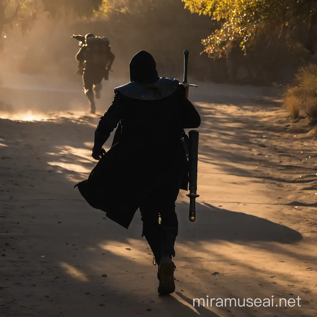 picture of warrior wearing all black running away holding rpg