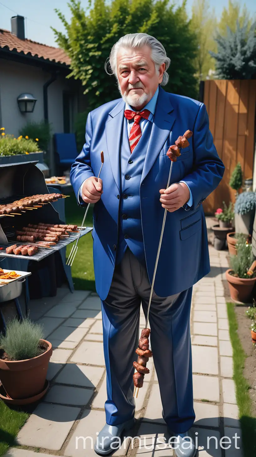 Grandfather in Garden Holding Skewers of Kebabs in Blue Suit and Galoshes