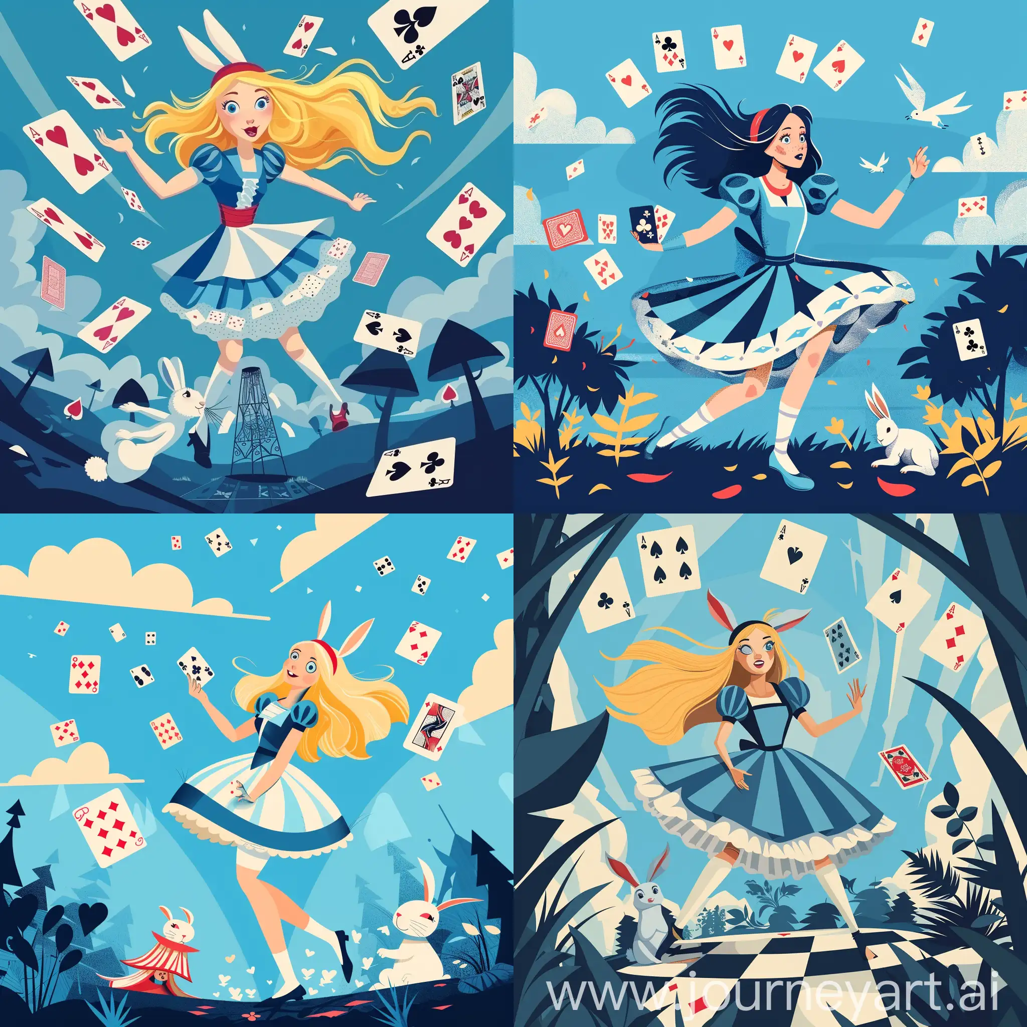 Dynamic-Illustration-of-Alice-with-Rabbit-and-Playing-Cards-under-Blue-Sky