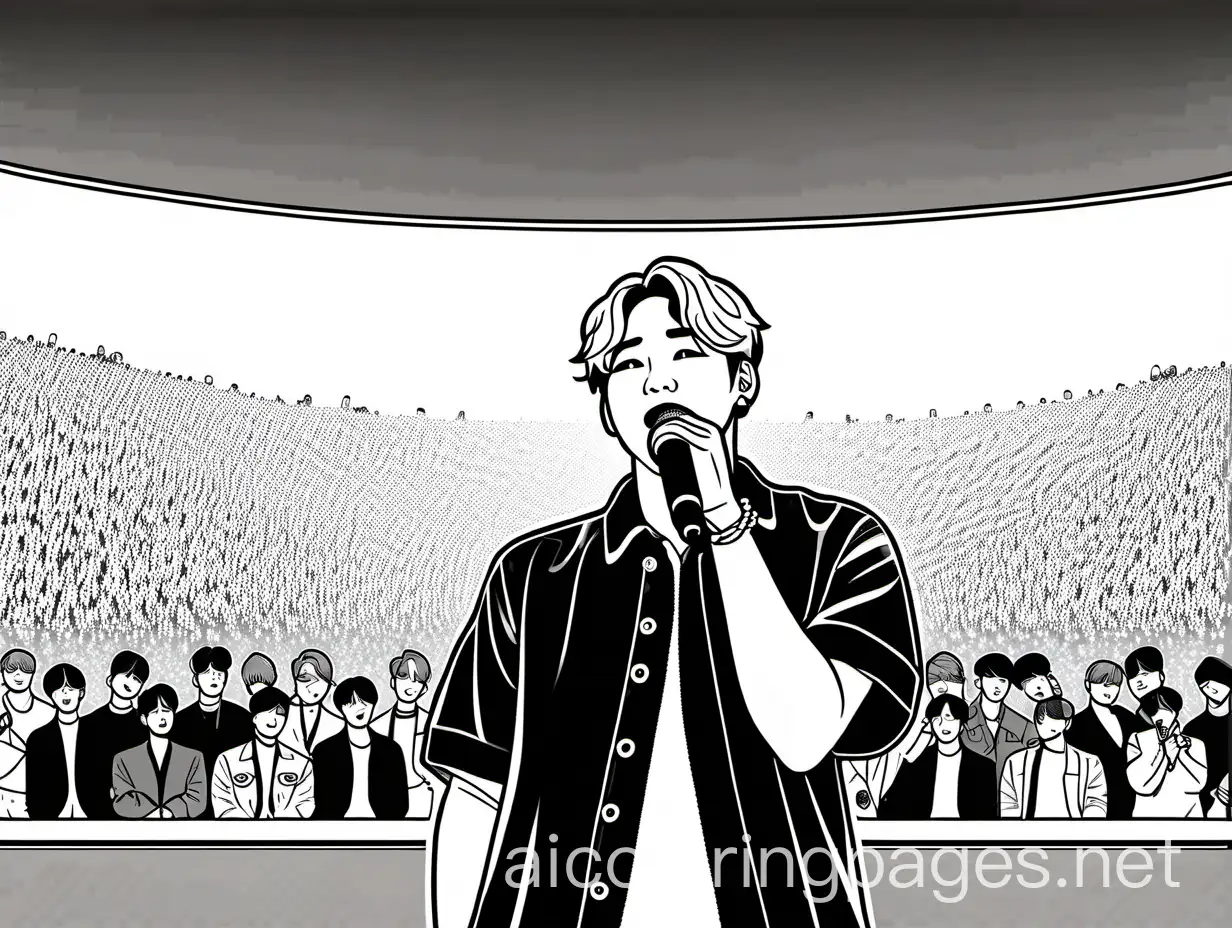 BTS suga standing on stage holding a Mike in his hand and staring at the audience , Coloring Page, black and white, line art, white background, Simplicity, Ample White Space. The background of the coloring page is plain white to make it easy for young children to color within the lines. The outlines of all the subjects are easy to distinguish, making it simple for kids to color without too much difficulty