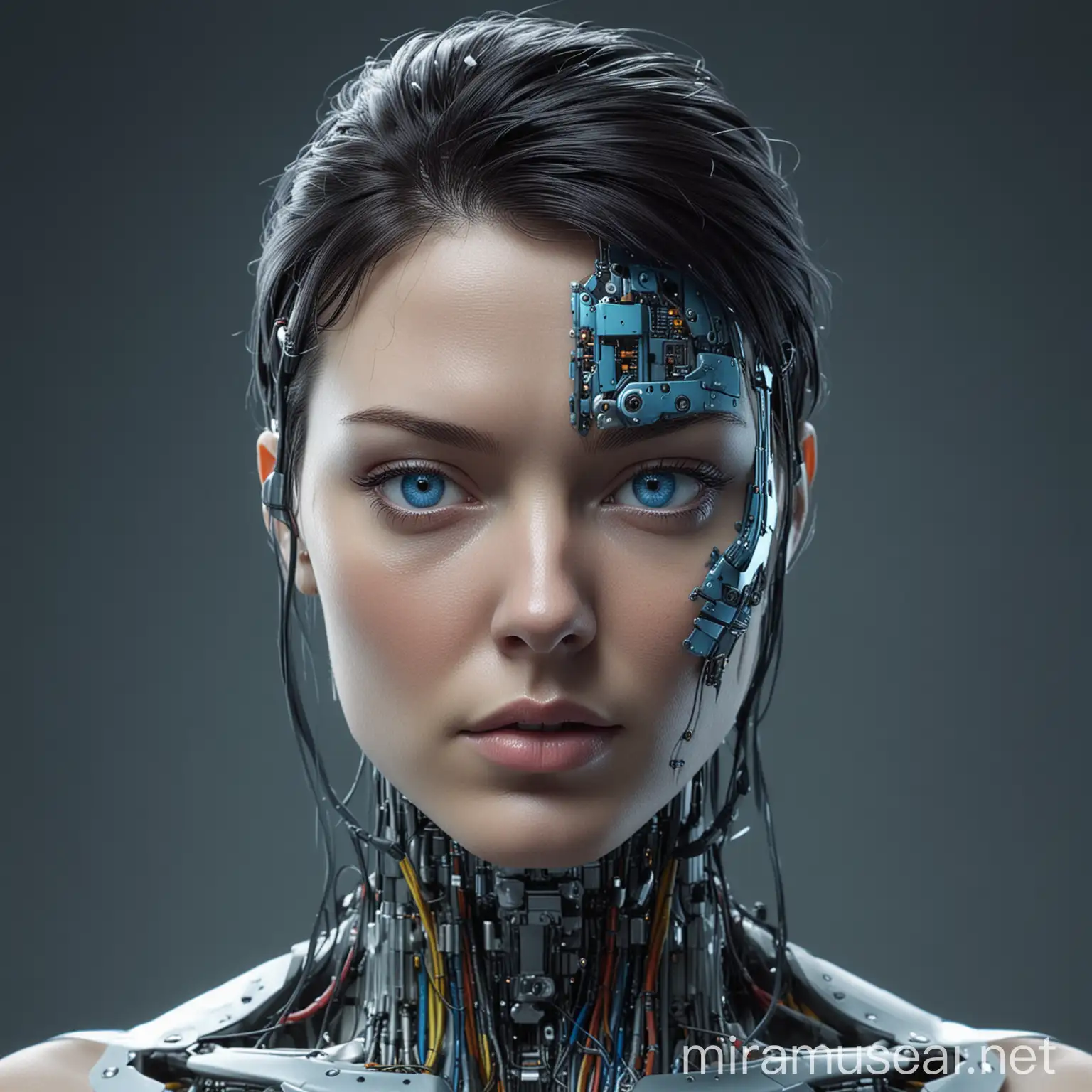 Cyberpunk European Woman with Brilliant Blue Cyborg Eyes