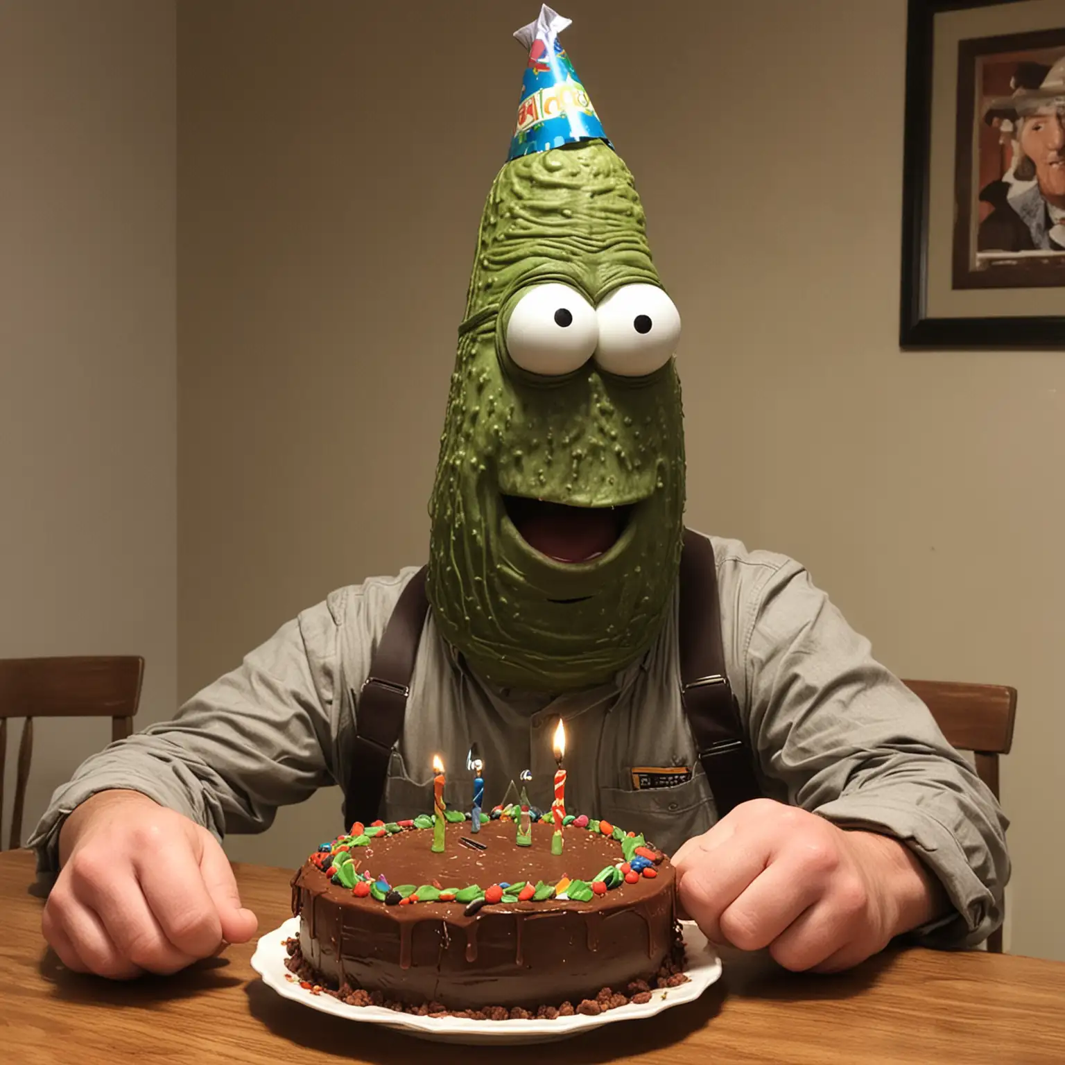 Pickle carl celebrating his birthday being an old 40 year-old pickle 