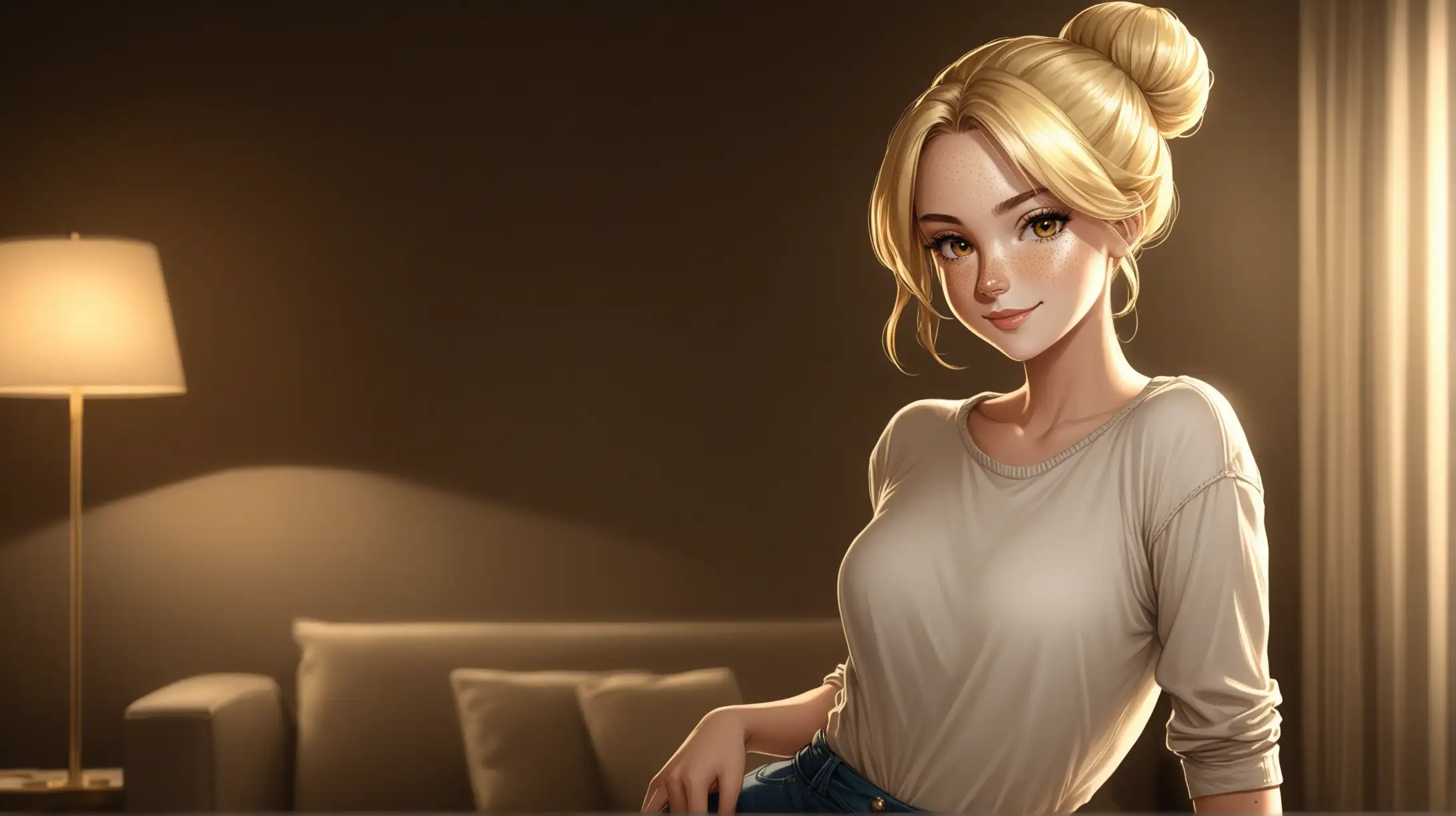 Draw a woman, long blonde hair in a bun, gold eyes, freckles, perky figure, casual outfit, high quality, cowboy shot, indoors, seductive pose, dim lighting, smiling at the viewer