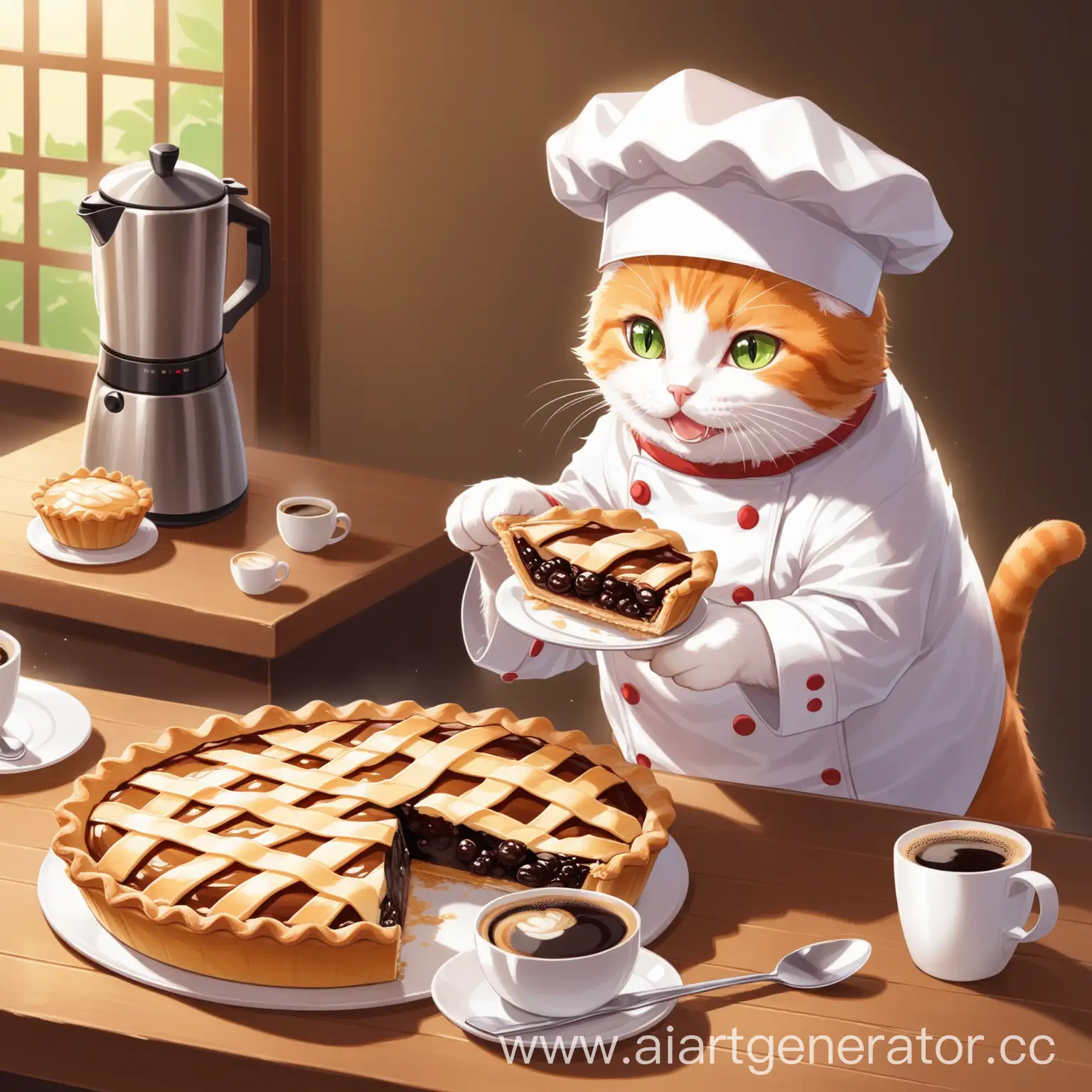 кот-повар готовящий пирог для своих котят в кошачьем кофе