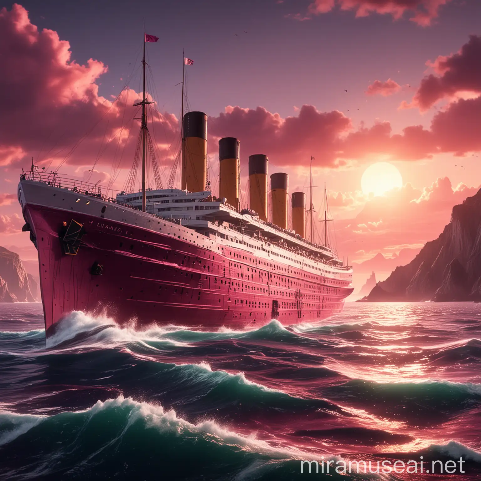 Picture in animation style. Magenta ship sails to the Island. The ship looks like Titanic. The Island is big and has football stadium and signs and football WM prize. 