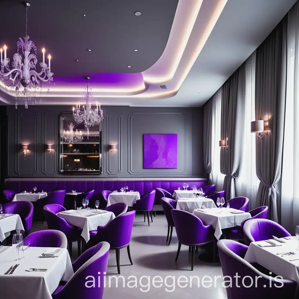luxury woman and men in a luxury Italian restaurant in a 5 star hotel . the interior is bright with gray and ultraviolet colors and simple furniture