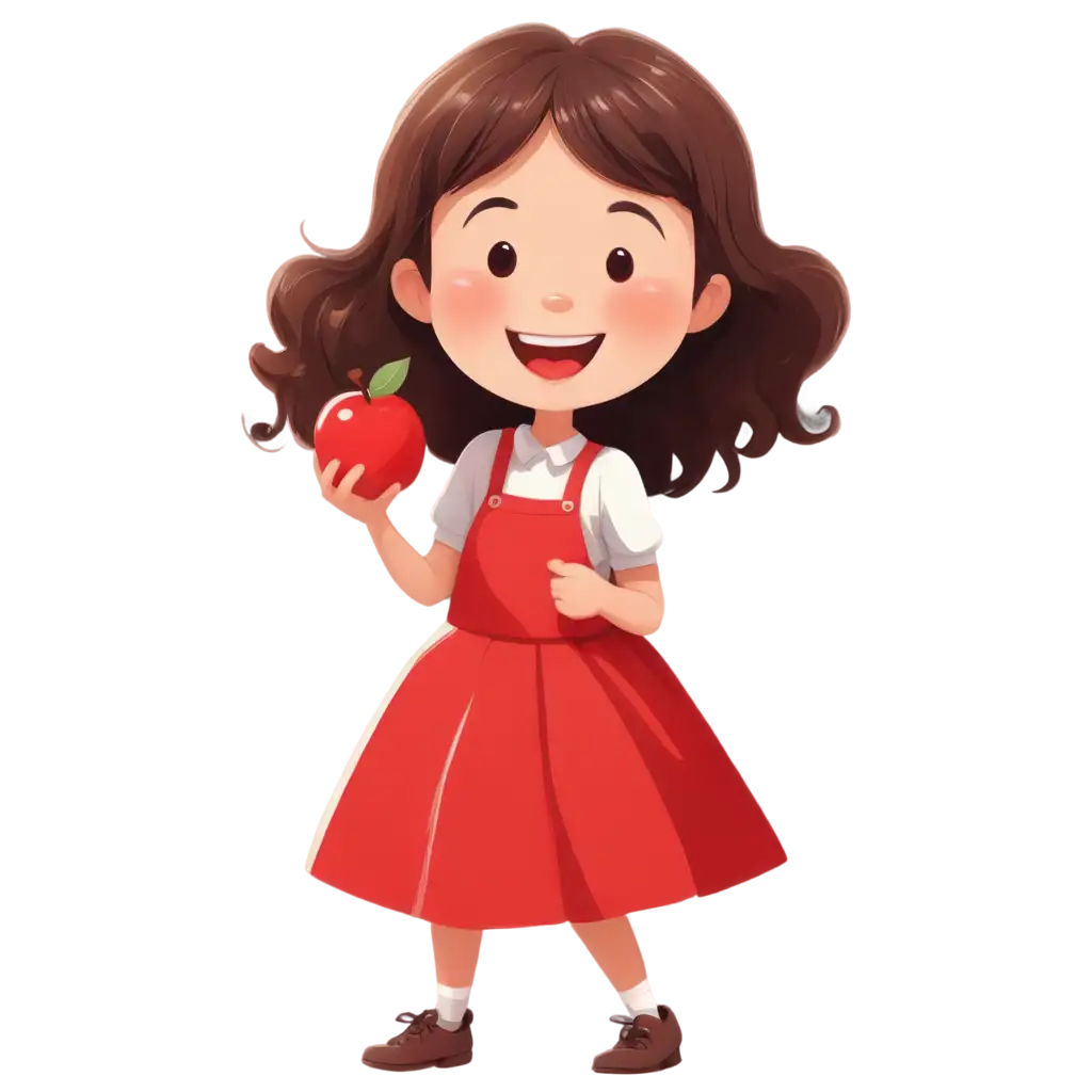 an illustrated cute girl eating a red apple and smiling.