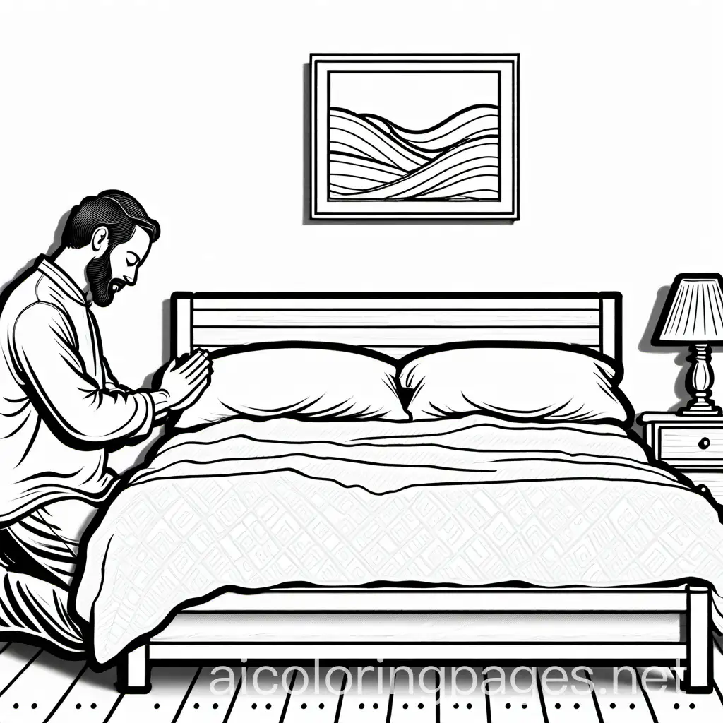 man praying beside her bed , Coloring Page, black and white, line art, white background, Simplicity, Ample White Space
