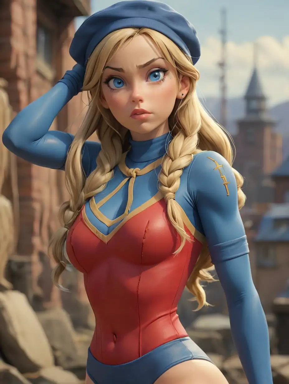 cammy_white,cammy_blue_bodysuit,blonde hair,leotard,long hair, hat, blue leotard, gloves, garrison cap, braid, twin braids, blue eyes, fingerless gloves, scar, ribbed leotard, necktie, highleg leotard, bodypaint, highleg ,thong leotard, red gloves, very long hair, lips, scar on face, large breasts, yellow necktie, blue headwear, scar on cheek, thick thighs, covered nipples, turtleneck, antenna hair, makeup, long braid, toned, skin tight, masterpiece,best quality,ultra detailed, 8k, cinematic light,highly detailed, scenery,pose,solo,looking at viewer,
