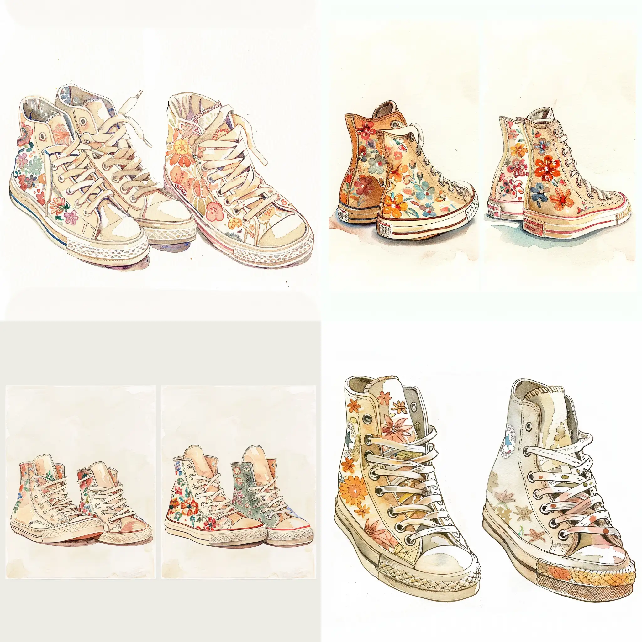 A charming set of two vintage-inspired watercolor illustrations, each featuring an adorable pair of sneakers. The sneakers are intricately decorated with whimsical floral patterns, painted in warm, soft colors that evoke nostalgia and a sense of timelessness. The background is pristine white, allowing the sneakers and their detailed designs to stand out. The overall aesthetic of these illustrations is reminiscent of a bygone era, capturing the essence of vintage allure and eliciting a feeling of beauty and delight.--v 1:: --v 6 --ar 16:9