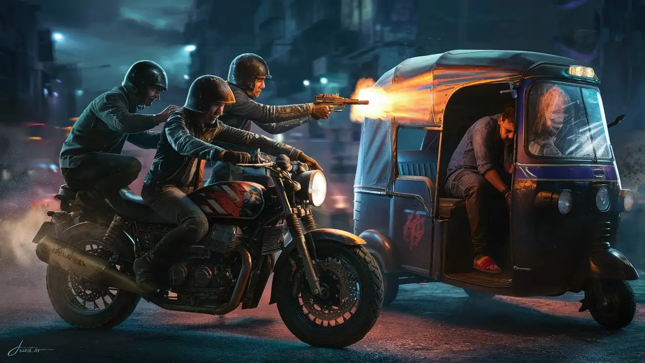 One of the three Indian youths riding a bike is firing at a man sitting in an auto, night scene