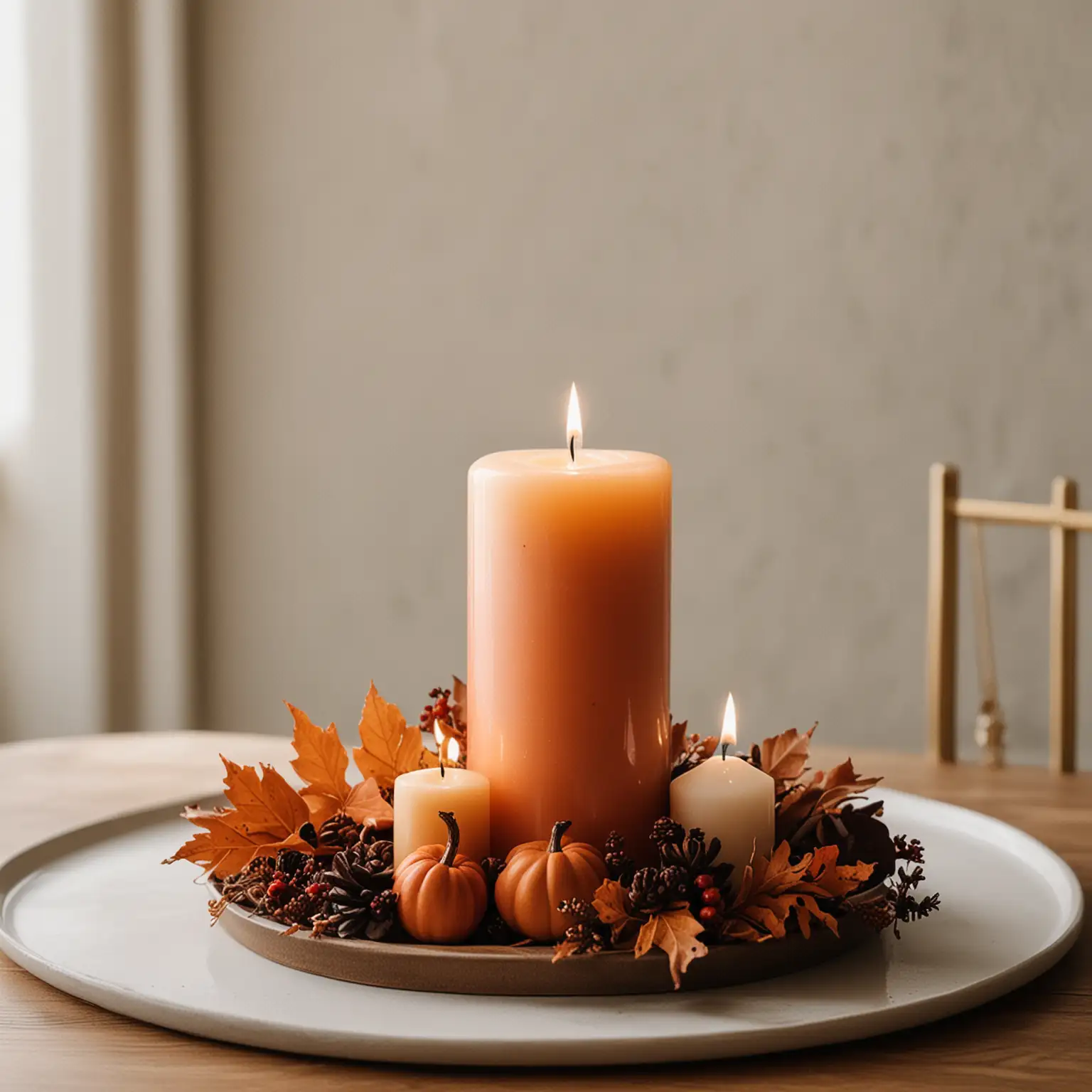 minimalist fall wedding centerpiece with a simple fall colored pillar candle on a minimalist tray