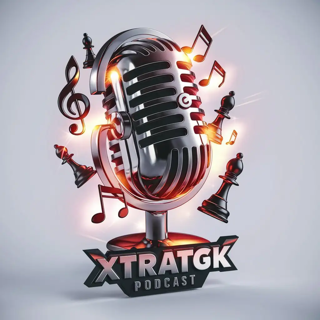 a logo design,with the text 'XTRATGK PODCAST', main symbol:Design a 3D logo, WITH A MICROPHONE that embodies the spirit of a podcast, vibrant and imaginative, adorned with musical notes and chess pieces.,Moderate,be used in Technology industry,clear background