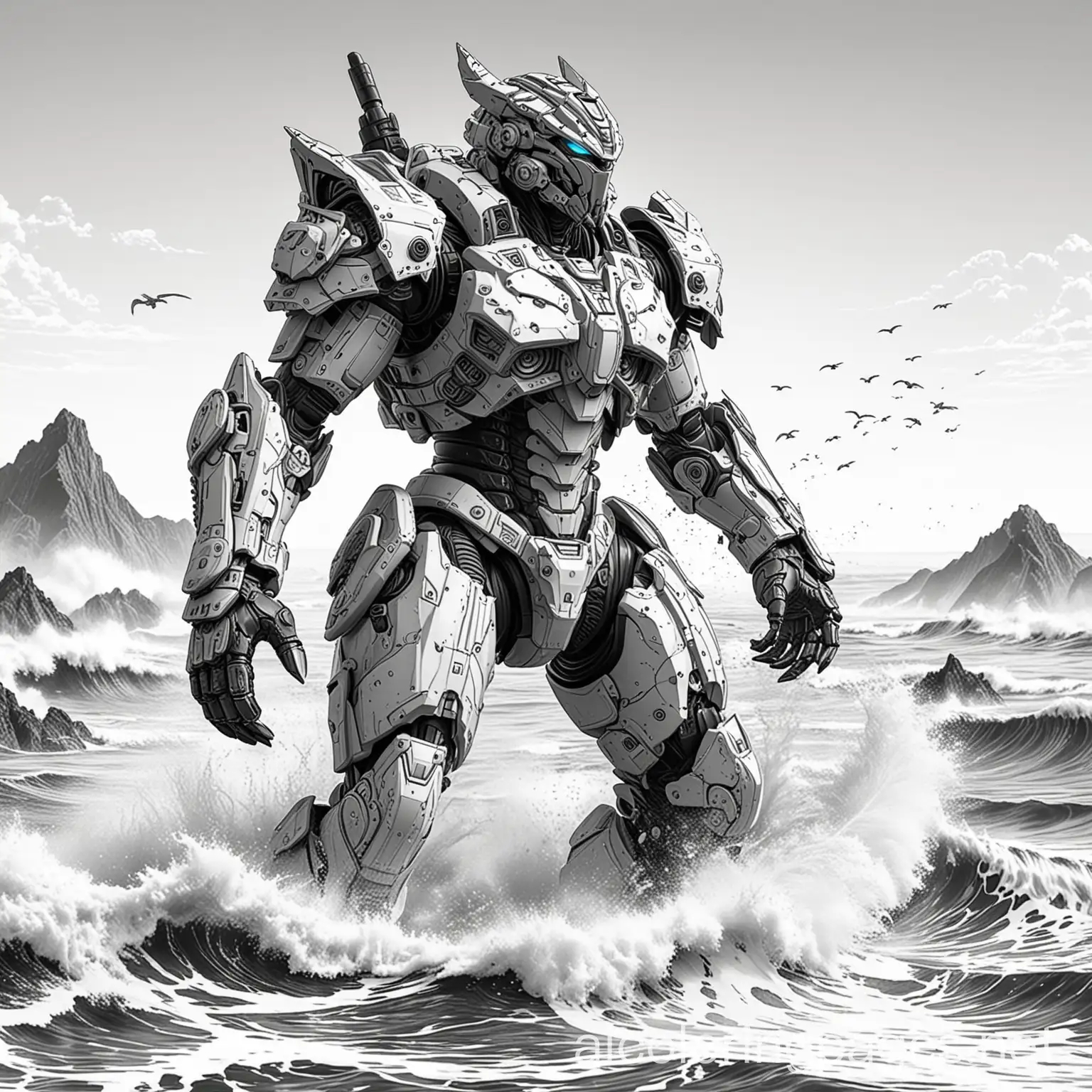 soldier wearing mecha armor, standing in the ocean, fighting with a kaiju, Coloring Page, black and white, line art, white background, Simplicity, Ample White Space. The background of the coloring page is plain white to make it easy for young children to color within the lines. The outlines of all the subjects are easy to distinguish, making it simple for kids to color without too much difficulty