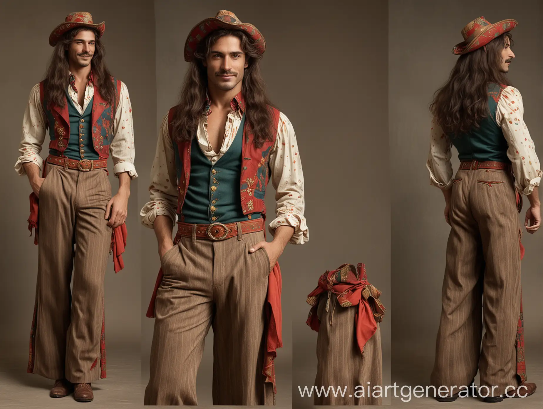 The Italian has a bright charisma and a sly smile. His image combines the features of a cowboy and a circus jester. Long hair, lean build with well-developed muscles. He wears a top and palazzo pants.